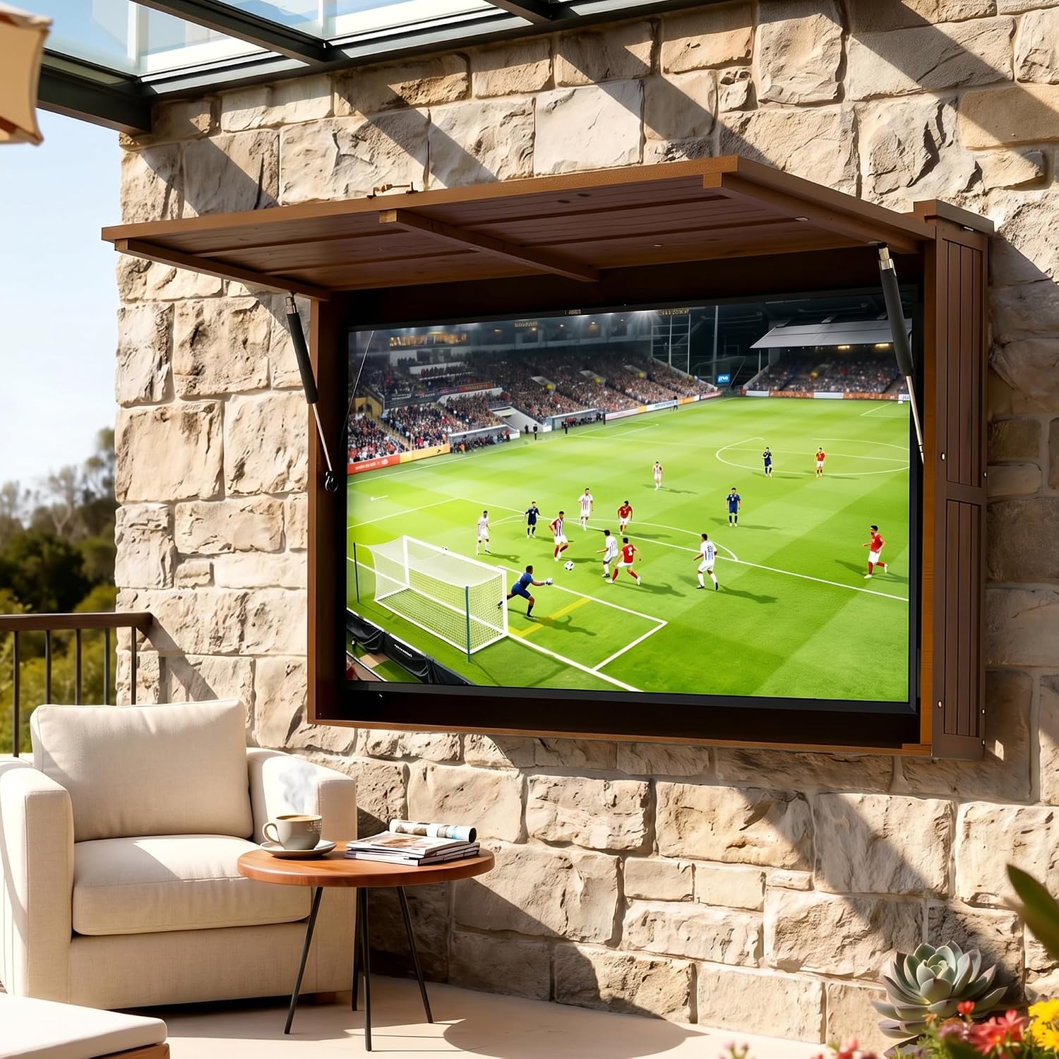 Outdoor TV Enclosure, Fit for 32-55 Inch TV, Solid Wood Wall-Mounted TV Cabinet with Dual-Arm Steel Bracket, Includes 600D TV Cover (Walnut Color)