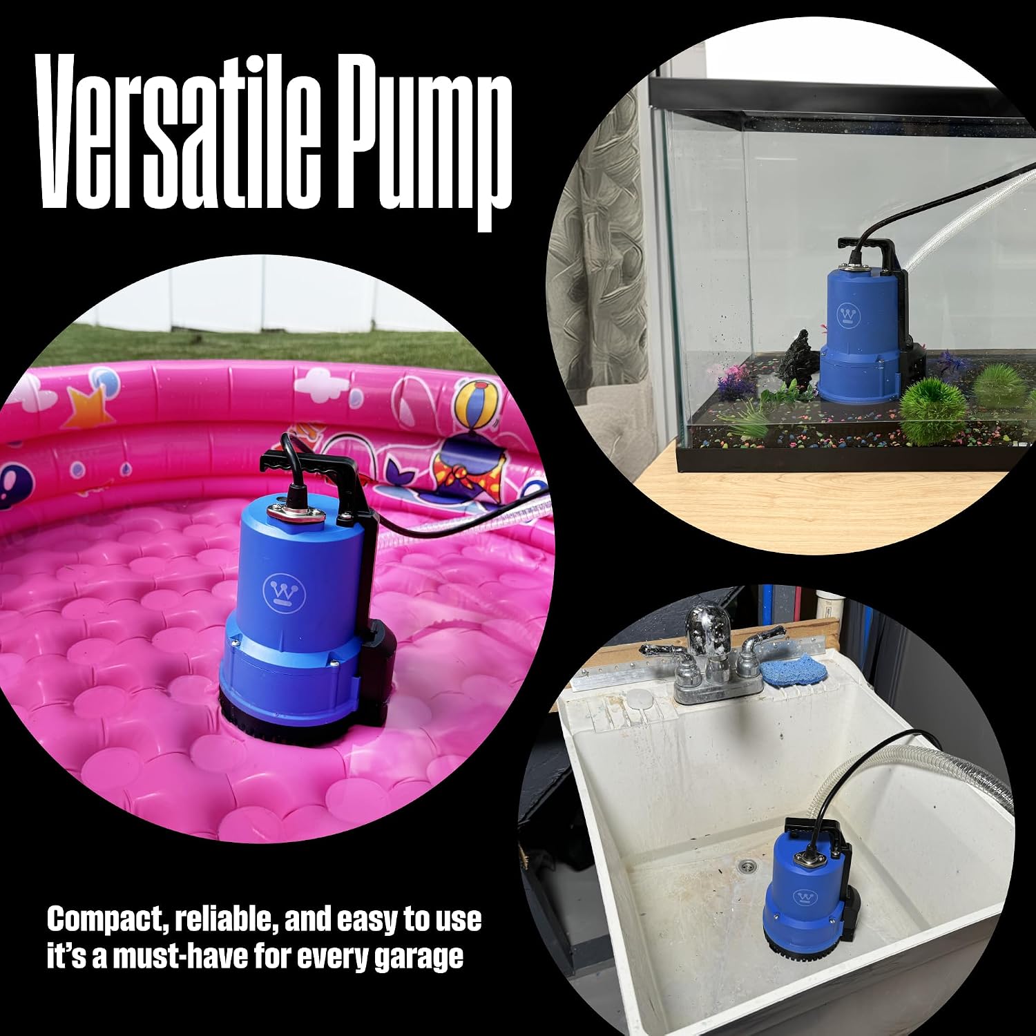 Westinghouse - 1/4 HP Pool Cover Pump, Automatic Submersible Pump with 25ft Power Cord, 1800 GPH Water Removal for Pool, Hot Tubs
