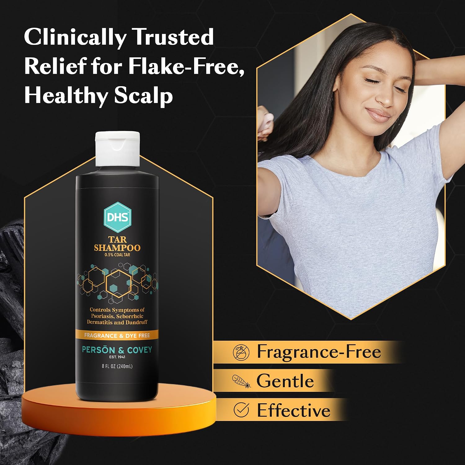 DHS Person & Covey, Inc Coal Tar Shampoo - Dandruff Shampoo for Men & Women, Psoriasis & Dandruff Hair Care for Itchy Scalp, Unscented Seborrheic Dermatitis Hair Care - 8 Fl Oz, Pack of 2