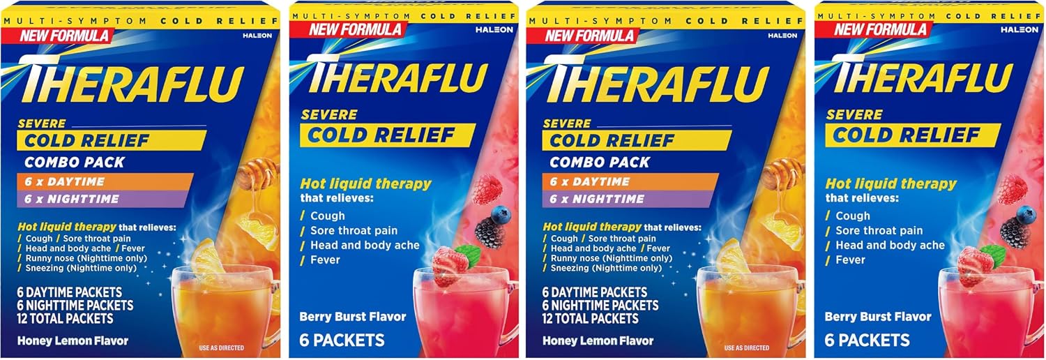 Theraflu Day and Night Pack, Severe Cold Relief, 18 Packets | Cold, Cough, and Flu Relief Powder for Use in Hot Liquids, Dual Formulas for Day and Night, Multiple Tea Flavors