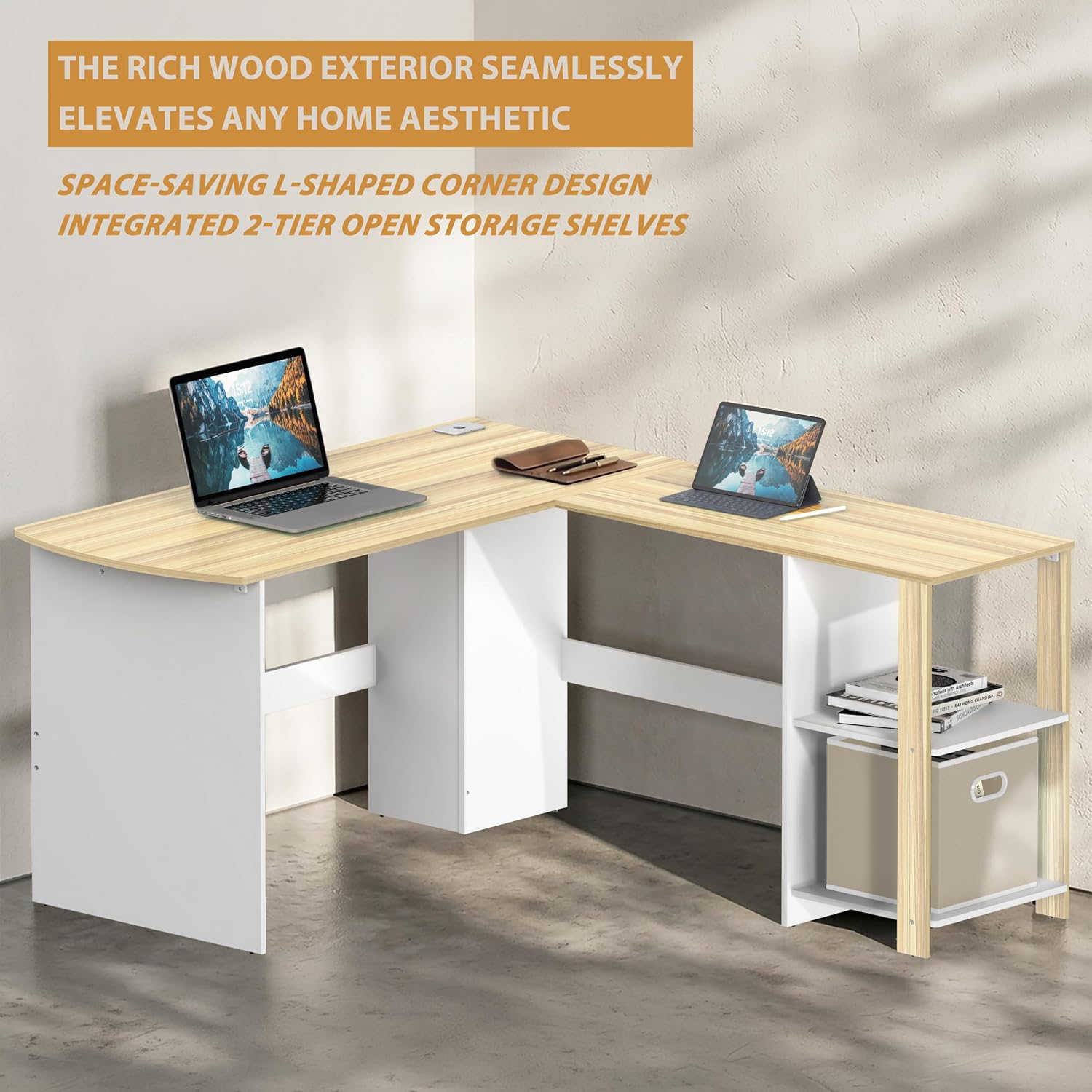 SHW 51 x 51 L-Shaped Home Office Wood Corner Desk with Storage, Espresso | Integrated Book Shelves