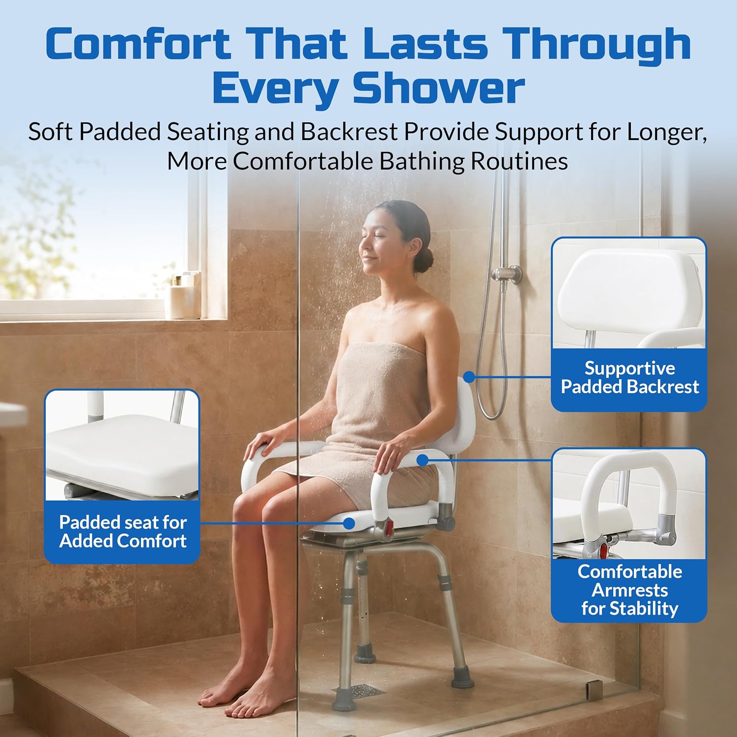 Swival Shower Chair with Padded seat for Inside ShowerFor Senior, Bath Seat | Sit Securely While Bathing - Blue, padded seat, padded armrests, swivel seat, tool-free assembly, 600 lb