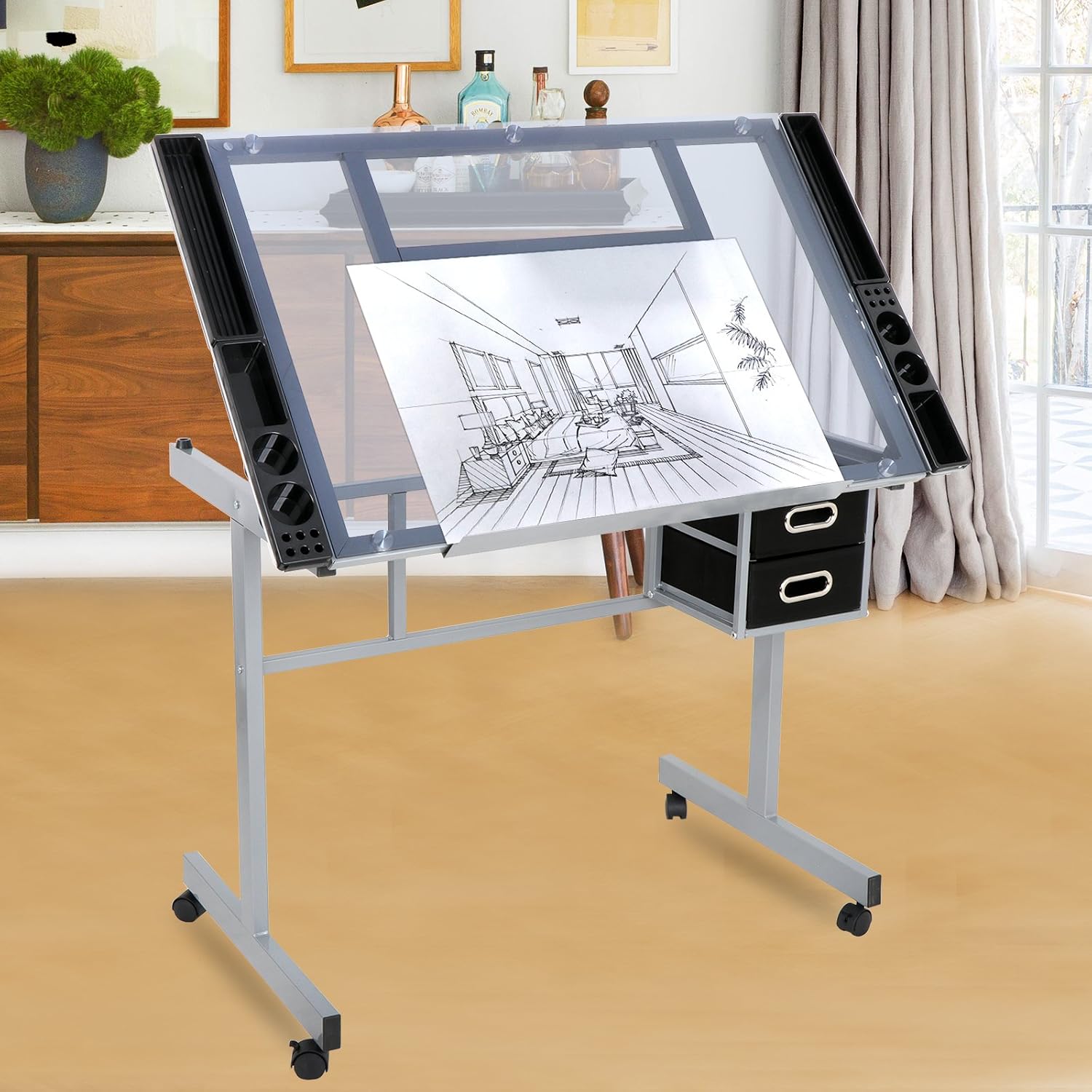 JupiterForce Adjustable Drafting Table Art Desk Drawing Table Versatile Art Craft Work Station Glass Tabletop w/2 Slide Drawers and Wheels for Reading