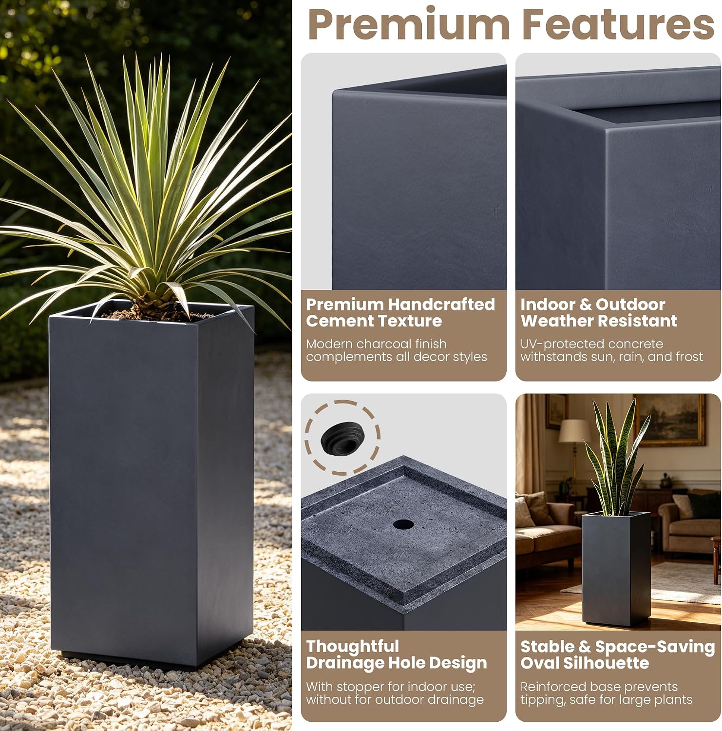 Kante Accent Column Square Pale Gray Concrete Planter 23.6" H, Outdoor