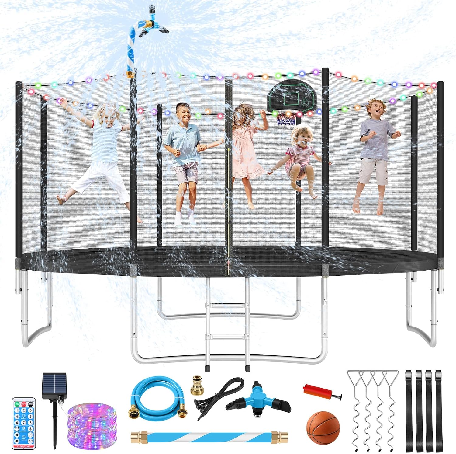 10 12 14 16FT Trampoline Outdoor, Light/Sprinkler/Basketball Hoop | Large Recreational Trampoline for Kids and Adults, Heavy Duty Yard Trampolines with Enclosure Net, ASTM Approval
