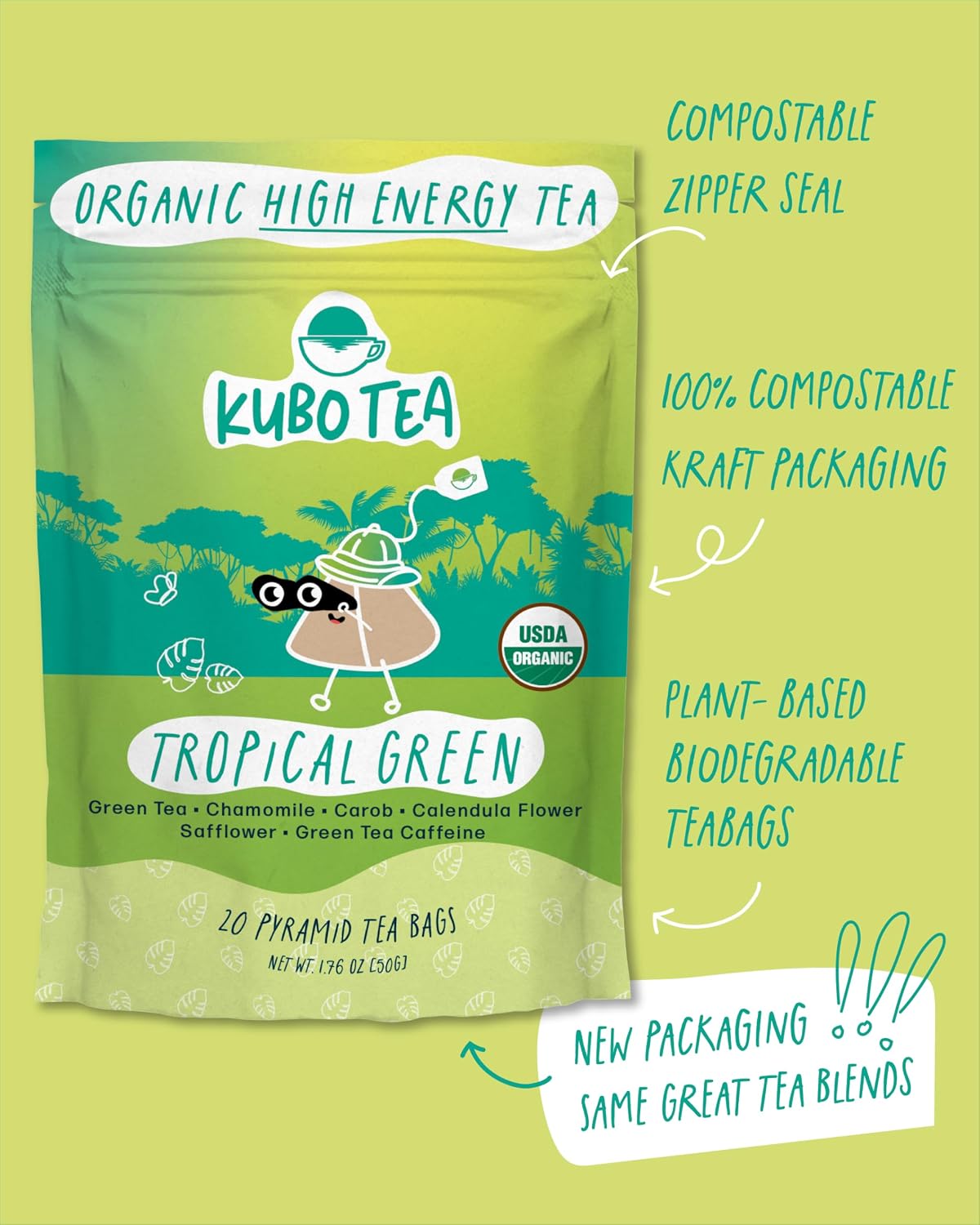 Kubo Energize Yerba Mate Tea, Organic High Caffeine Energy Tea Bags - 20 Ct