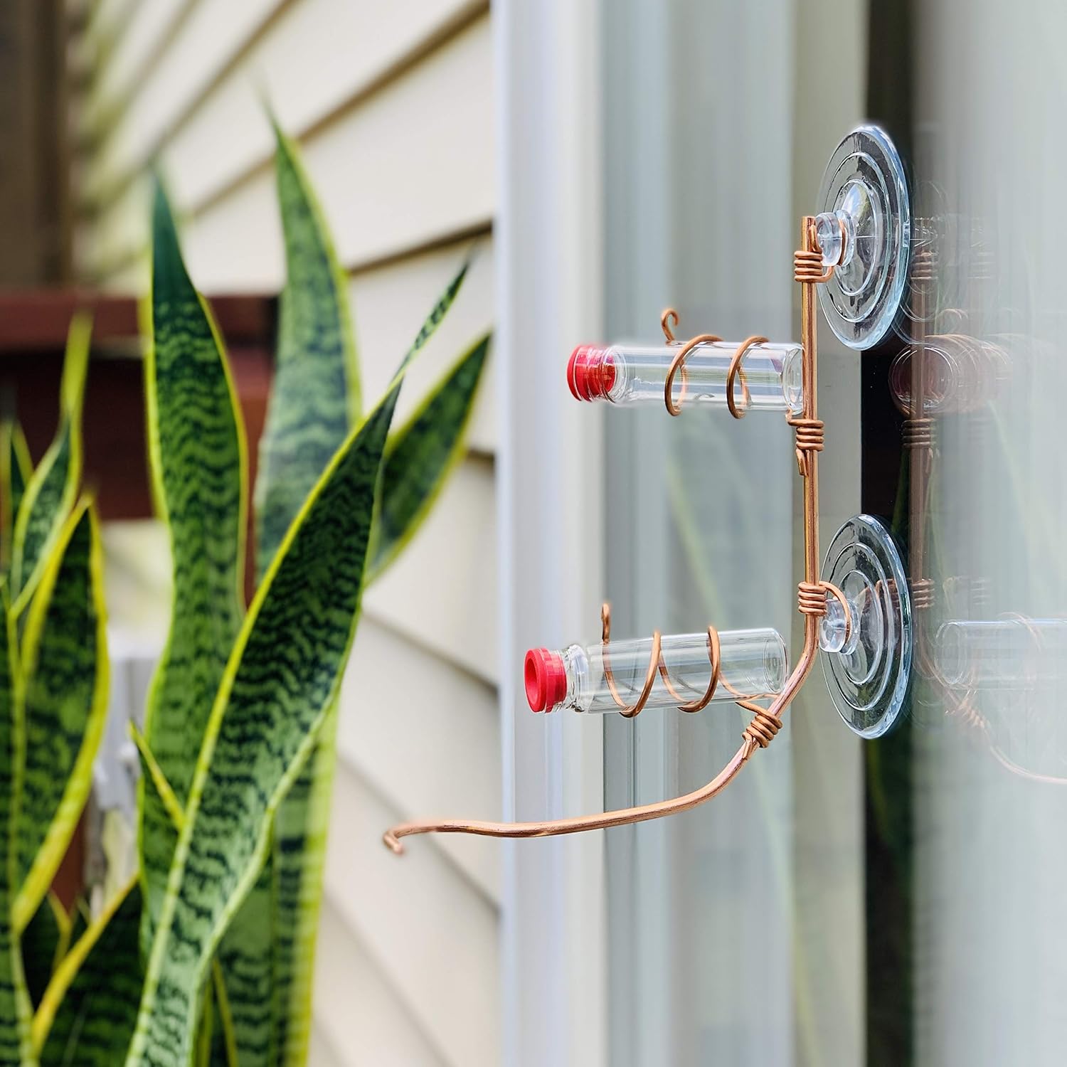 Window Hummingbird Feeder | Handcrafted Copper and Aluminum | Multiple Stations | Modern Hummingbird Feeder | Glass Bottles | Suction Cups (Copper, Four Station)