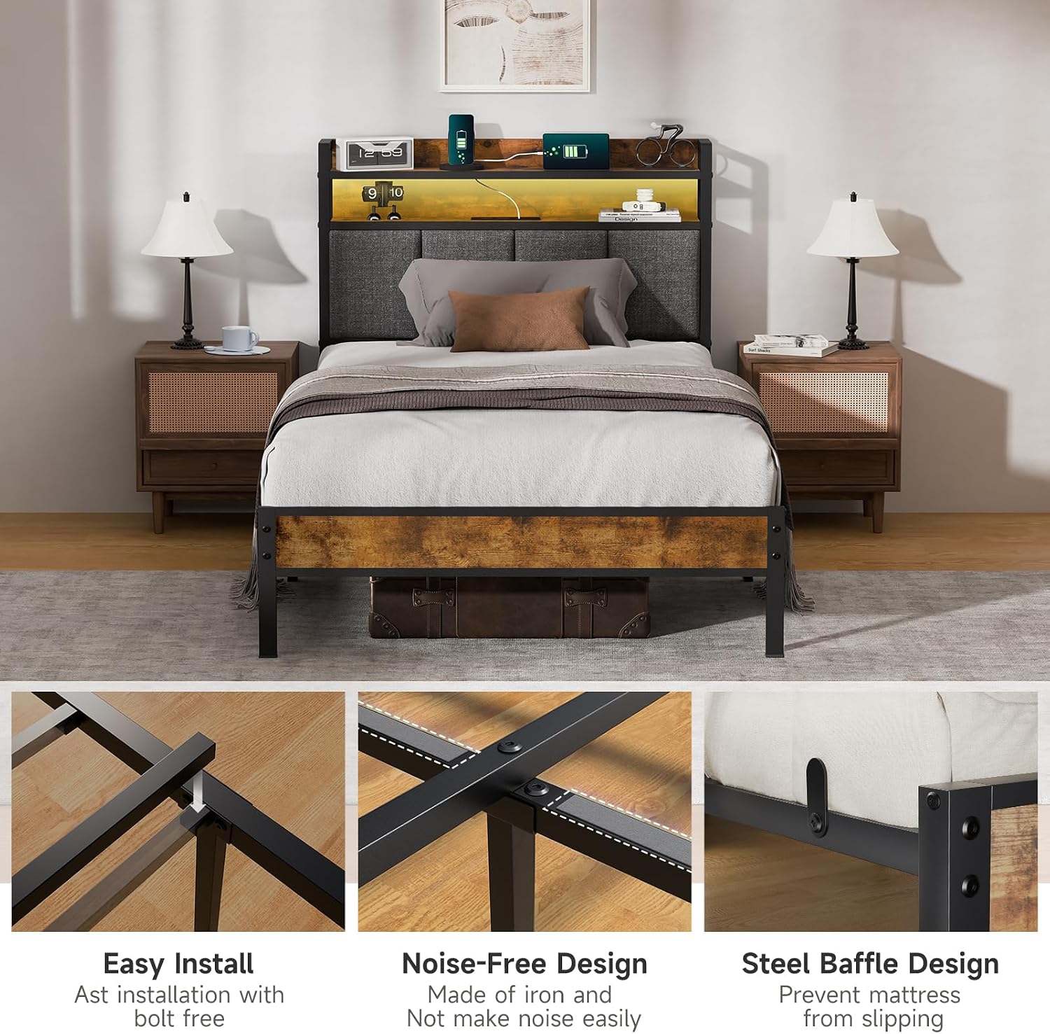 Z-hom Easy Assembly Queen Bed Frame & Headboard Footboard,Underbed Storage | Sturdy Metal Structure,Silent Anti-Slip Support,Under Bed Storage Space,No Box Spring Needed,Modern Bedroom Furniture