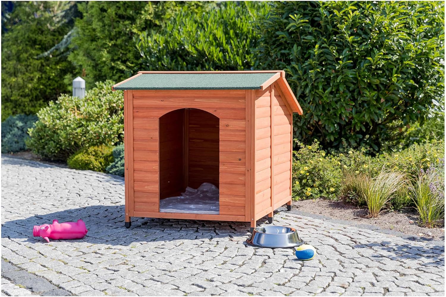 Trixie Natura Classic Dog House - Wooden Outdoor Shelter with Weatherproof Sealer, Hinged Roof & Adjustable Legs for Medium Dogs - Gray - 27 x 41 x 28.5 in