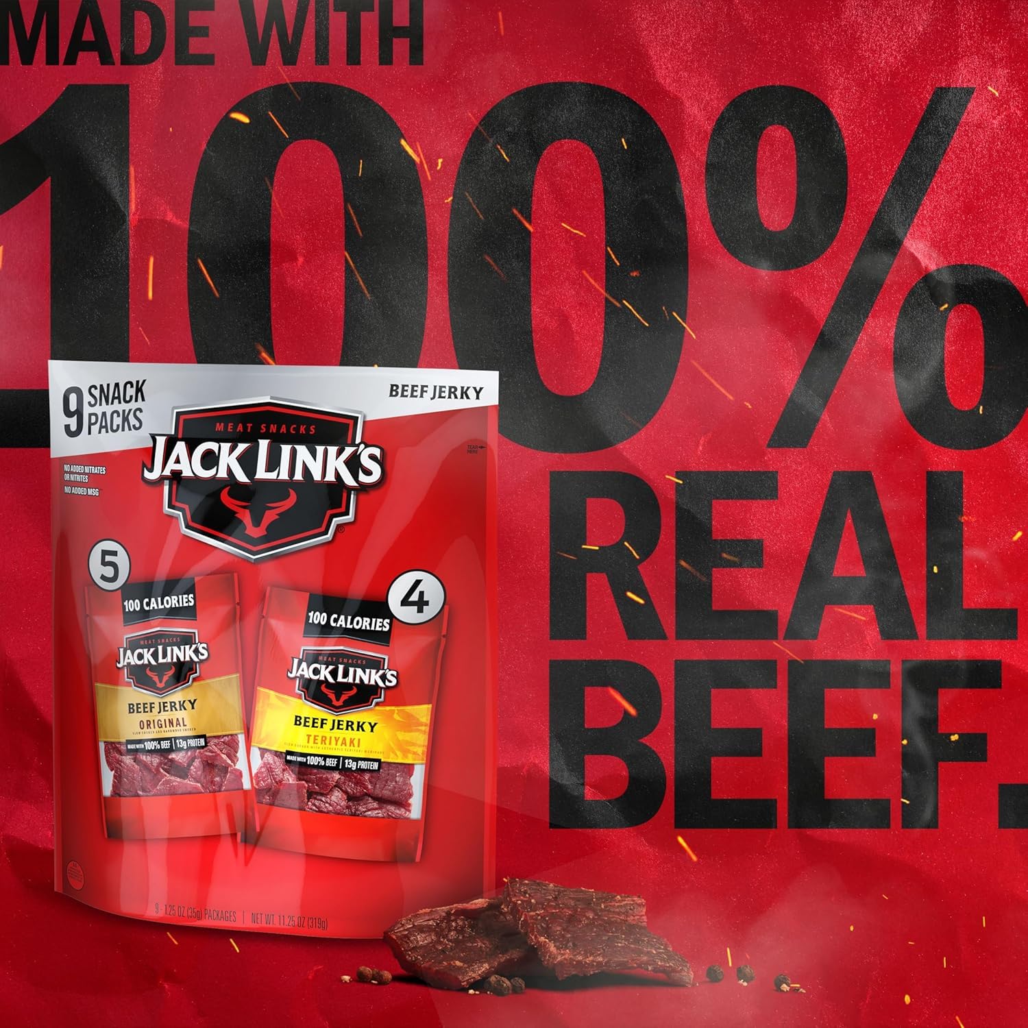 Jack Link's Beef Jerky Variety Pack - Original and Teriyaki - (9 Pack) 1.25 oz Bag - Ready to Eat Protein Snacks - 13g Protein per Serving - Made with 100% Real Beef | Bag - Ready to Eat Protein Snacks - 13g Protein per Serving - Made with 100% Real Beef
