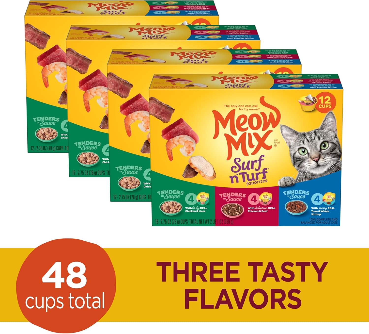 Meow Mix Tenders in Sauce, Wet Cat Food with Tuna & Whole Shrimp, 12 Cups