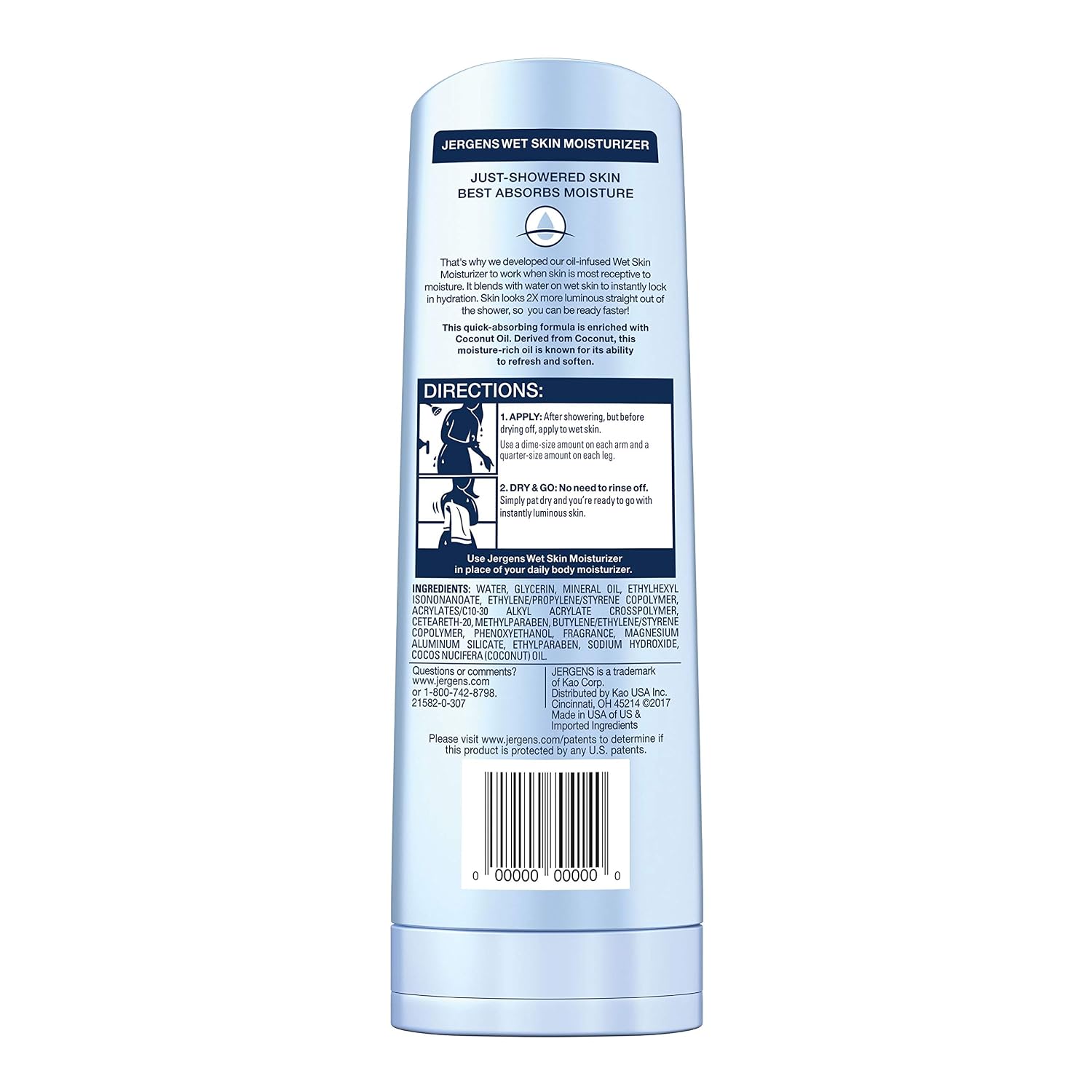 Jergens Wet Skin Body Lotion with Coconut Oil, In Shower Lotion for Dry Skin, Fast-Absorbing, Non-Sticky, Dermatologist Tested, 10 Ounce