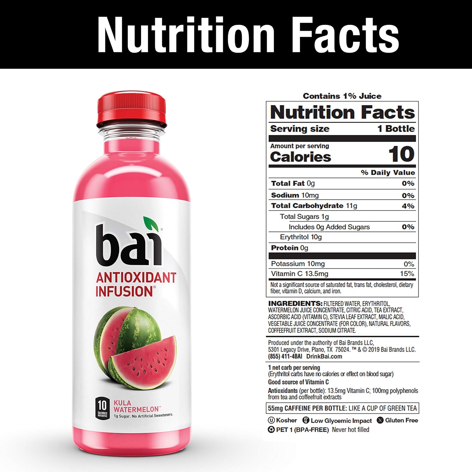 Bai Flavored Water, Kula Watermelon, Antioxidant Infused Drinks, 18 Fluid Ounce Bottle (Pack of 12)