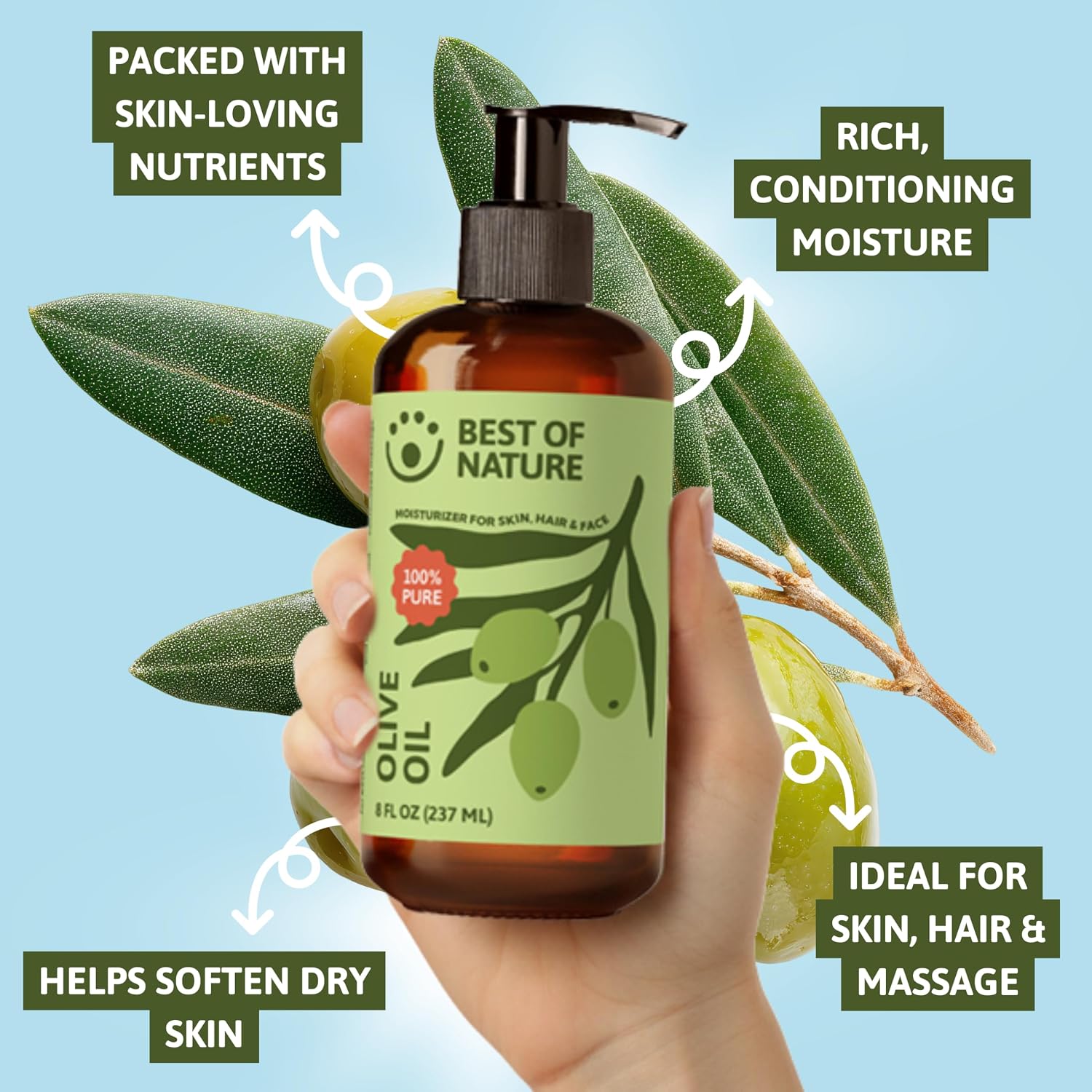 Best of Nature 100% Pure Olive Massage & Body Oil – Cold Pressed, Natural & Unscented Moisturizer for Skin, Hair & Bath, 8 fl oz