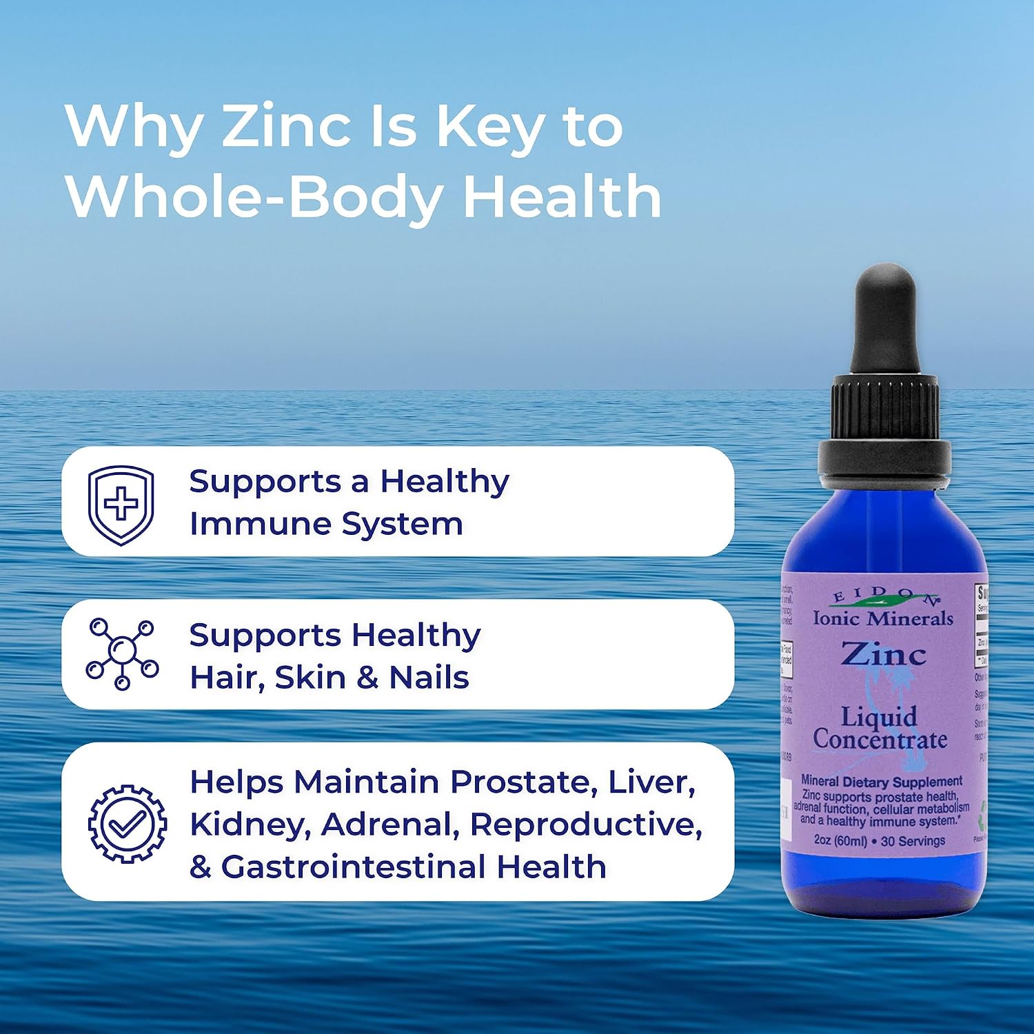 Eidon Ionic Minerals - Liquid Zinc Concentrate, Ionic Zinc Sulfate - 2 oz | Supplement Drops for Men, Women, & Kids, Support Immune System, Hair and Skin, Liver and Kidney Health