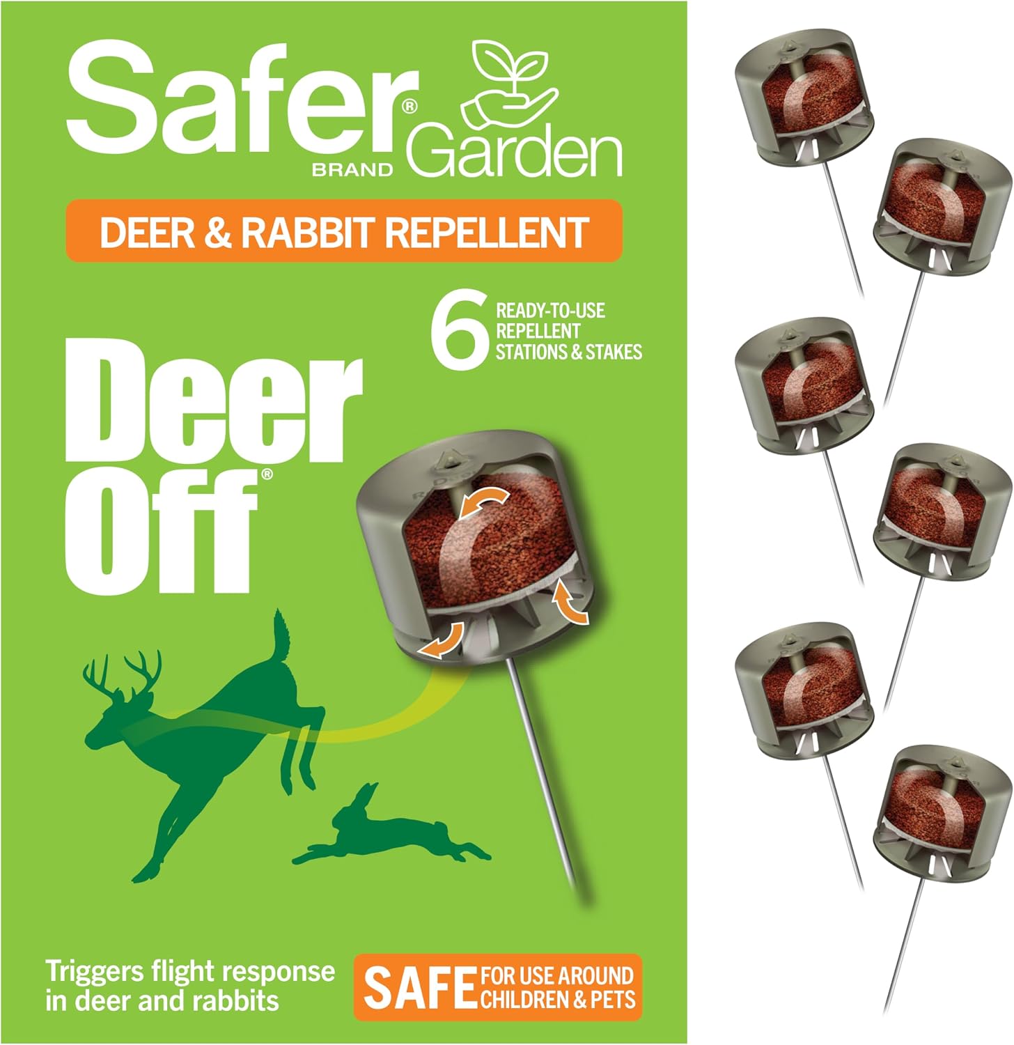 Safer Brand Deer-Off Repellent Stations, 6-Pack, Deer and Rabbit Repellent | 90-Day Coverage up to 192 Sq Ft, Animal Deterrent Stakes