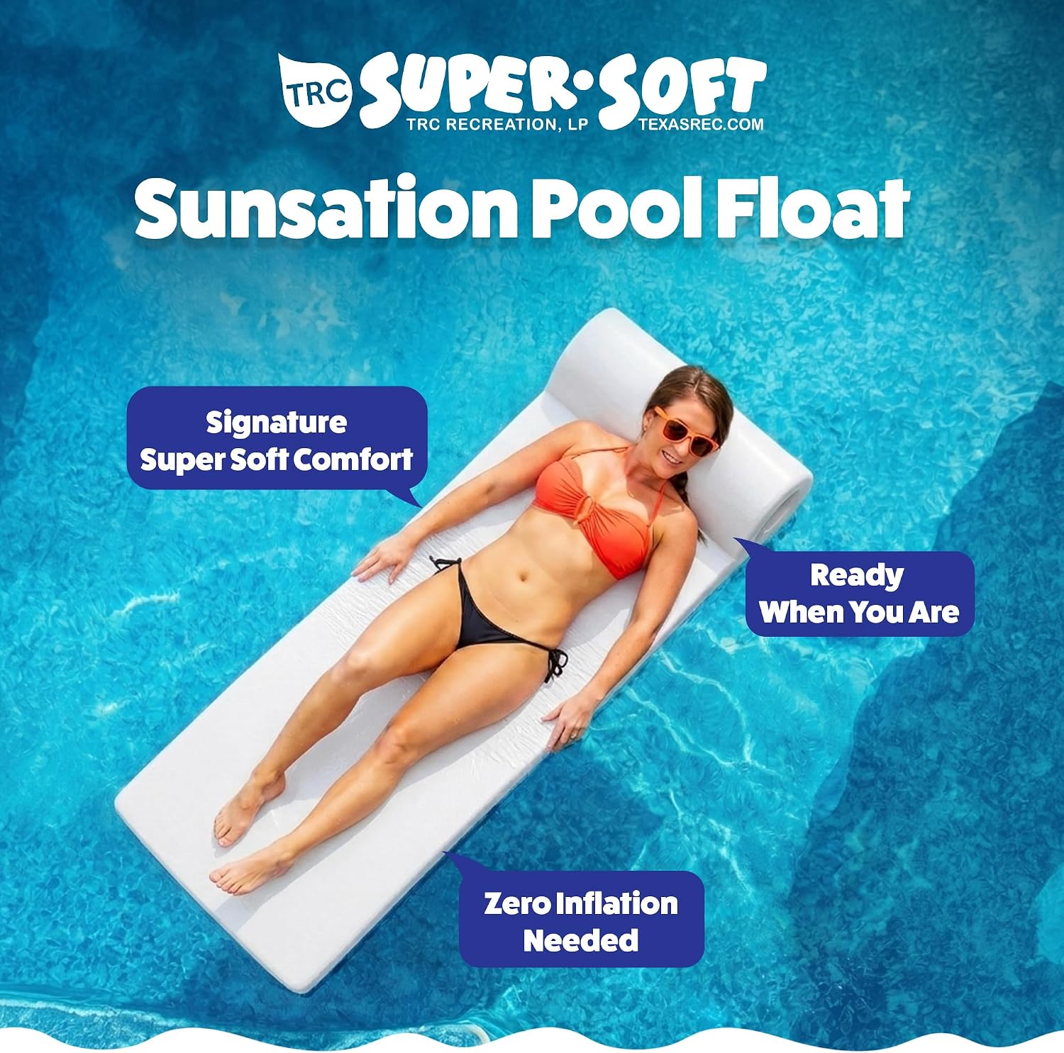 TRC Recreation Sunsation 1.75" Thick Foam Pool Float Lounger w/ Headrest for Lounging & Sunbathing in Swimming Pools, Beaches & Lakes, 70" x 26