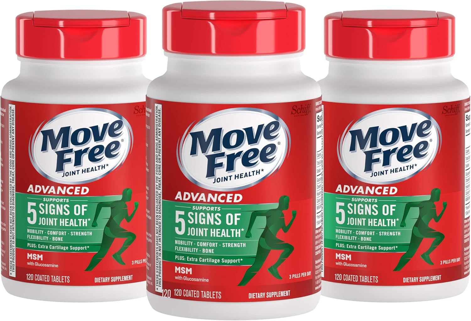Move Free Advanced Joint Support, Glucosamine, Chondroitin + MSM - 120 ct | Supports Mobility Comfort Strength Flexibility & Bone, 40 Servings, Bone & Joint Support Supplement tablets, Fruitx-B