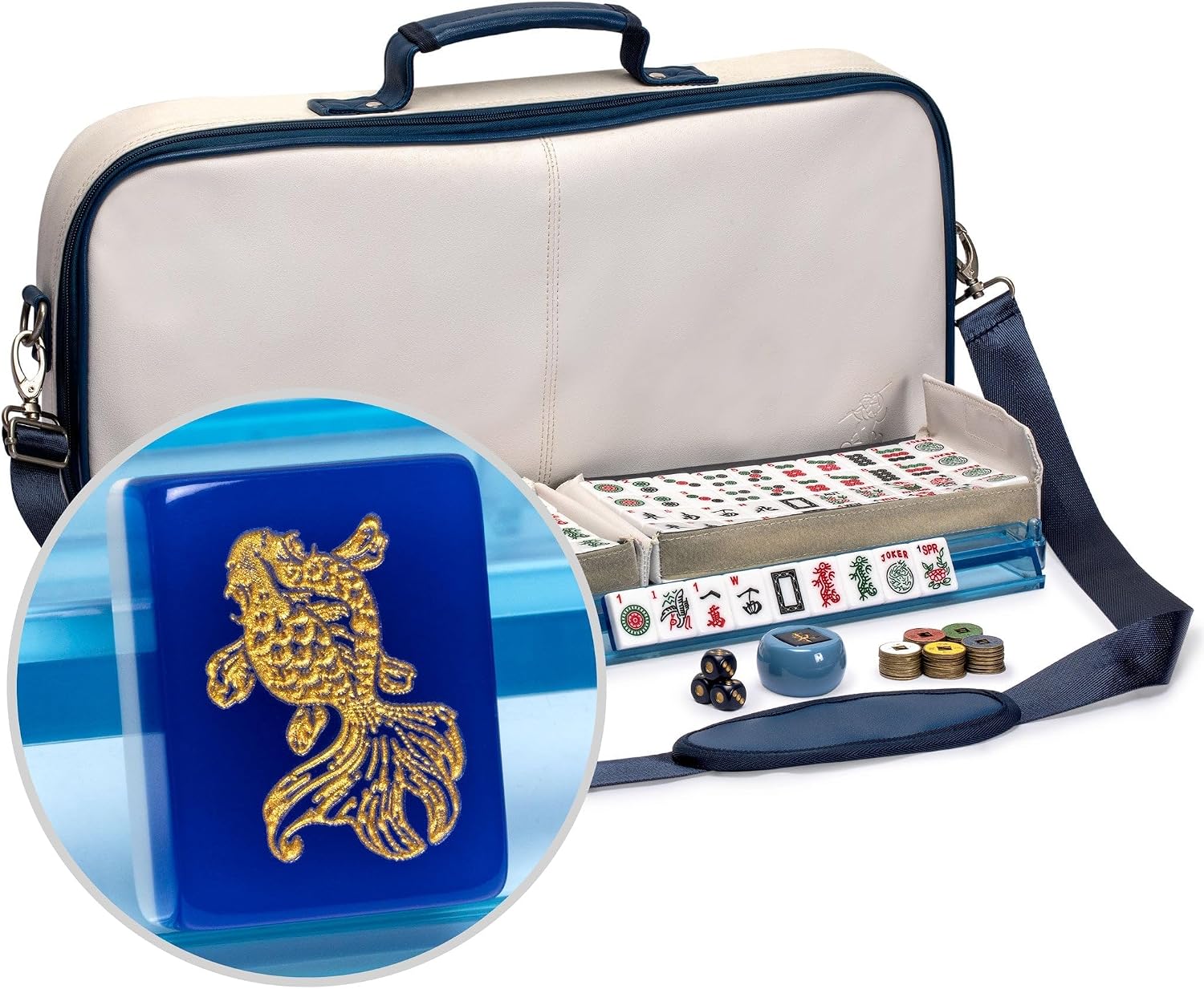 Yellow Mountain Imports American Mahjong Set, Chinoise with Soft Leatherette Case - Racks with Pushers, Scoring Coins, Dice, and Wind Indicator