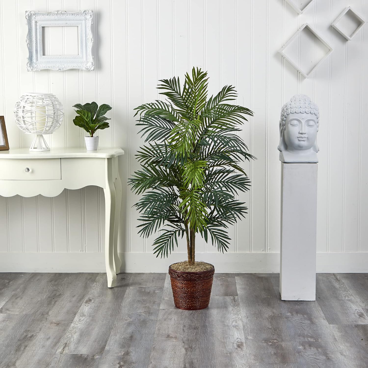 Nearly Natural 56 in Artificial Areca Palm Tree with Basket Floor Plant | Thirty-Two Lifelike Leaves, Wicker Basket Included