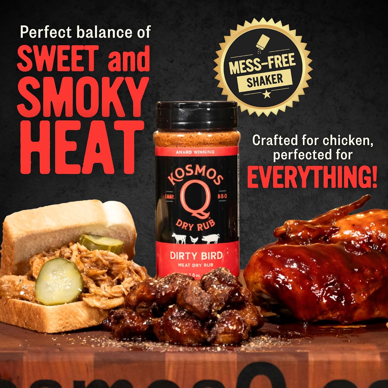 Kosmos Q Hot Dirty Bird BBQ Dry Rub, Spicy Seasoning with Chili Pepper, Brown Sugar, Garlic & Onion for Chicken, Turkey, Ribs, Pork, Dry Rub for Smoking & Grilling Meat, BBQ Spice Blend, 11 Oz Bag