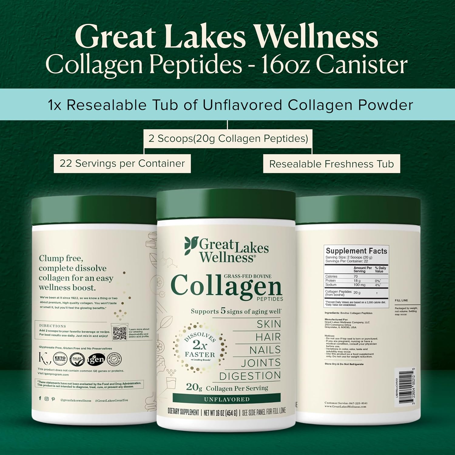 Great Lakes Wellness Collagen Peptides Powder – Supports Skin, Hair, Nails, Joints & Digestion – Hydrolyzed, Non-GMO, Keto & Kosher – Pure Collagen Protein (16 oz, 22 Servings) Packaging may vary
