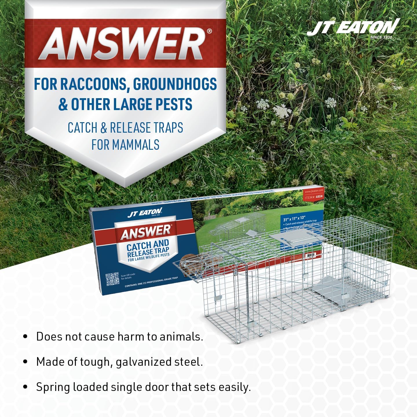 JT Eaton Answer Humane Live Catch Trap for Coyotes & Large Pests | Heavy-Duty Cage Trap; Catches Coyotes, Foxes, and Armadillos; Galvanized Wire; Humane Catch and Release