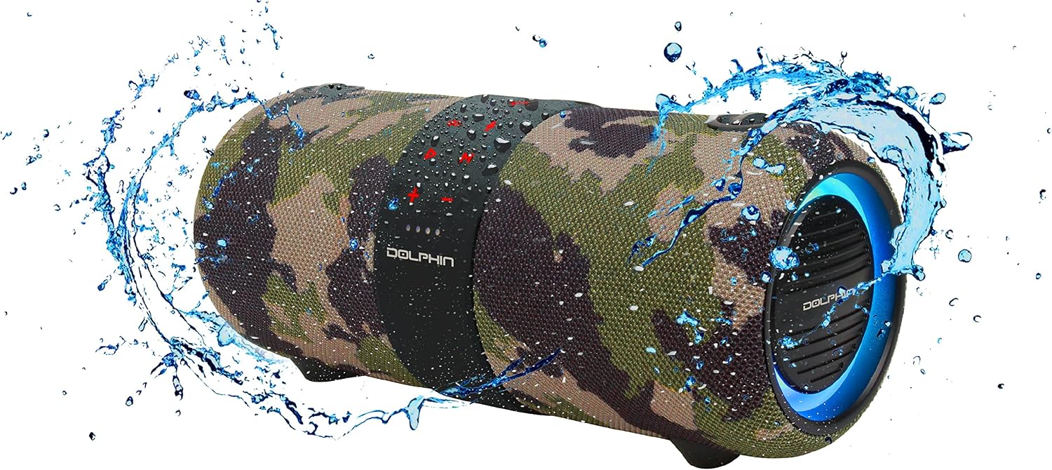 Dolphin Portable Waterproof Bluetooth Speaker, Dual 3" Woofer Boombox, Camo | TWS Technology, Color-Changing Lights, USB/TF/FM/AUX