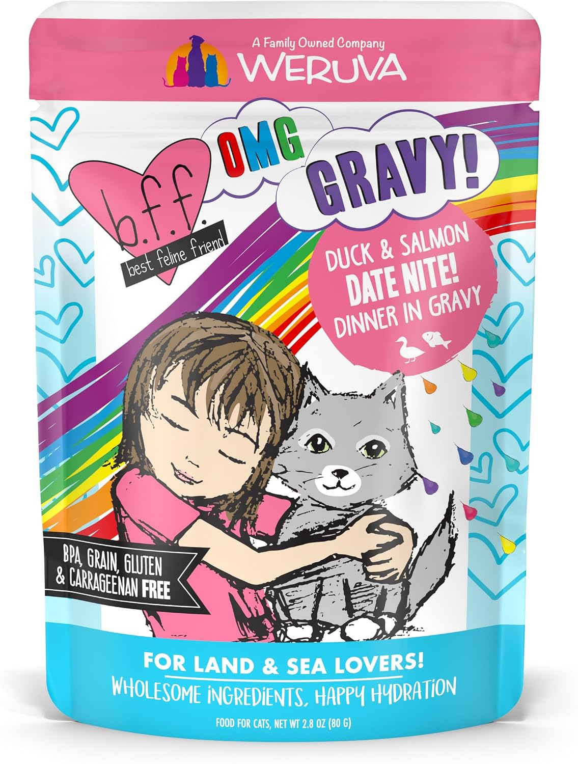 Weruva B.F.F. OMG - Best Feline Friend Oh My Gravy!, Tuna & Salmon Sweet Cheeks with Tuna & Salmon in Gravy Cat Food, 3oz Pouch (Pack of 12)