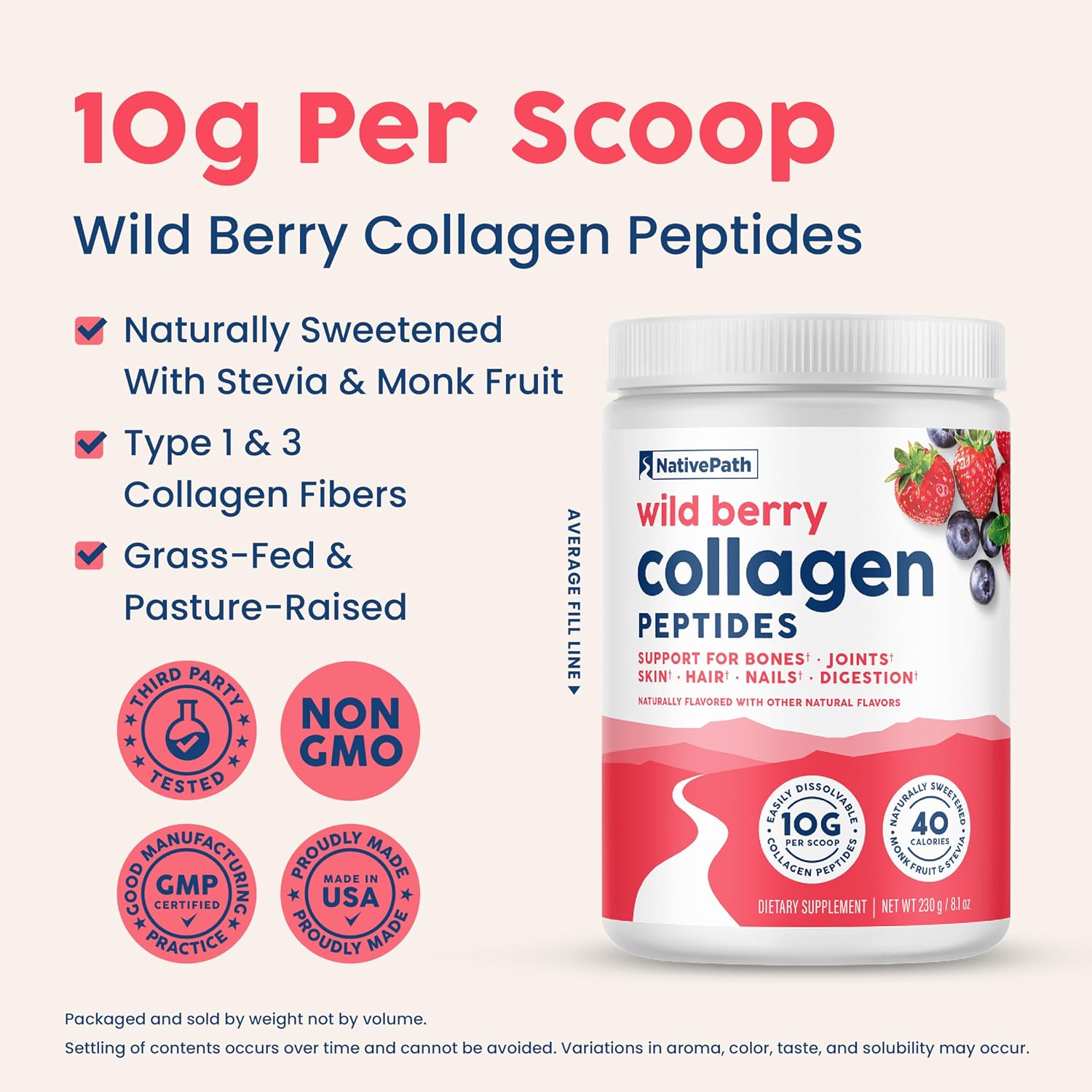 NativePath Collagen Peptides, Wild Berry, Grass-Fed, 20 Servings