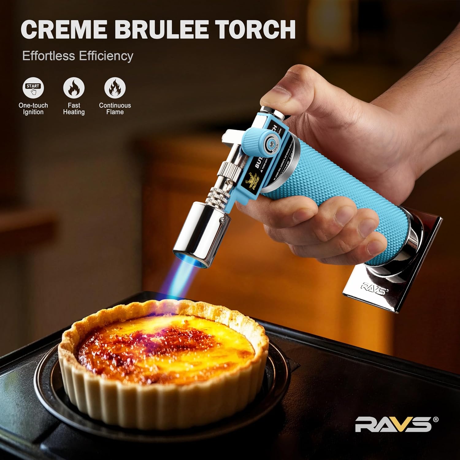 RAVS Butane Torch Lighter, Premium Metal Kitchen Torch with Adjustable Flame & Safety Buckle, Refillable Creme Brulee Torch for Baking, BBQ, DIY