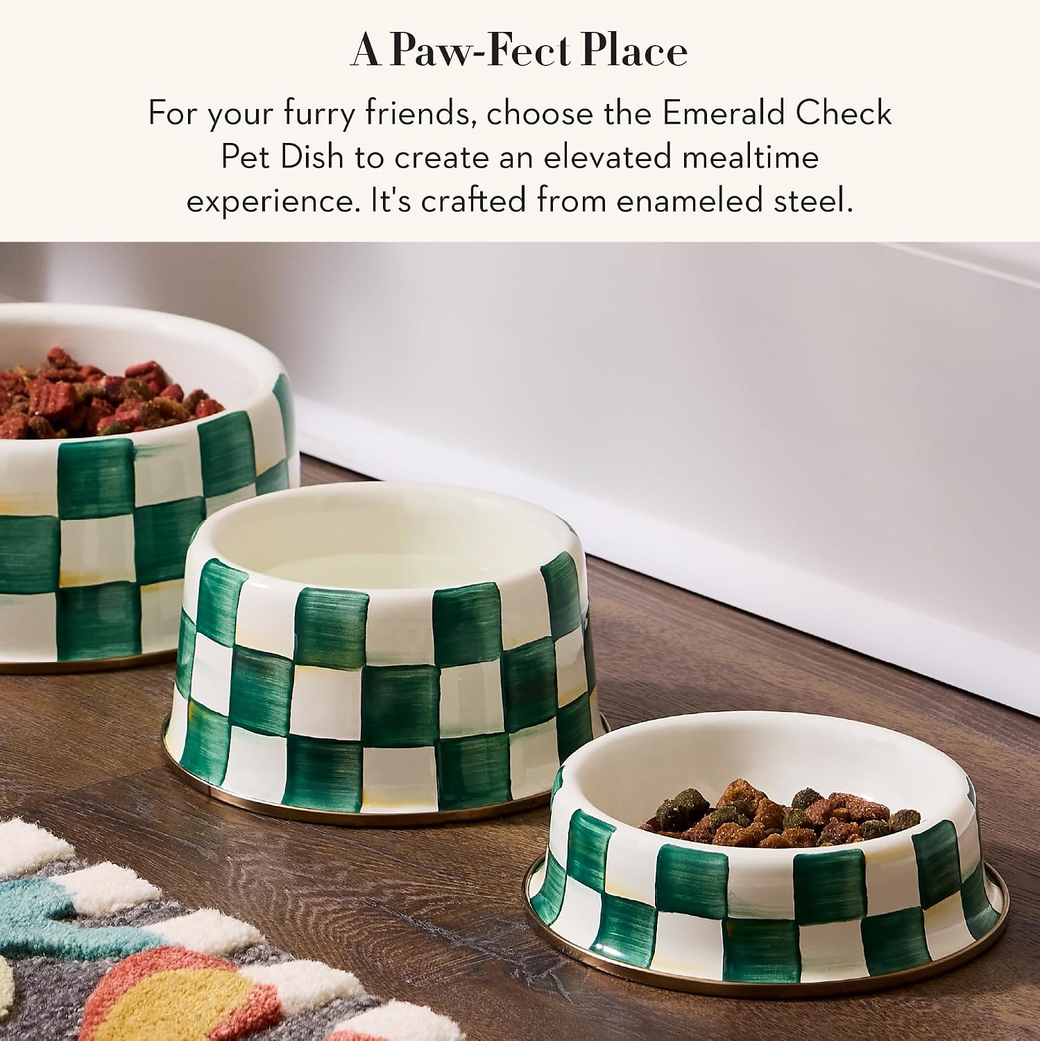 MACKENZIE-CHILDS Enamel Pet Dish, Large, Black-and-White Courtly Check | Decorative cat and dog bowl for food and water, 40-ounce capacity