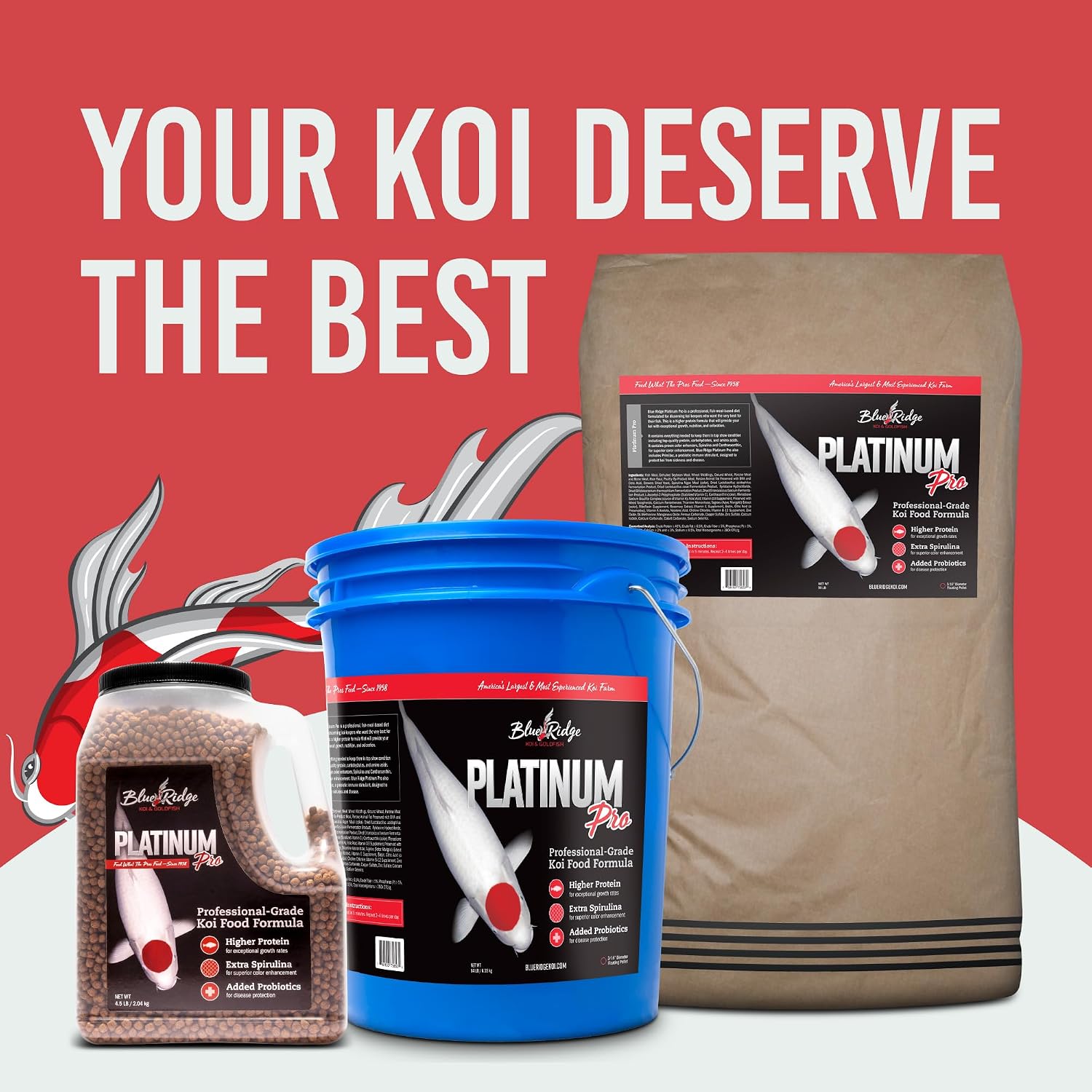 Blue Ridge Koi Platinum Pro 41% Protein Fish Food, 3/16" Pellets, 4.5 lb | Floats, softens fast; Spirulina & Canthaxanthin color support; probiotic-enriched; warm-season formula