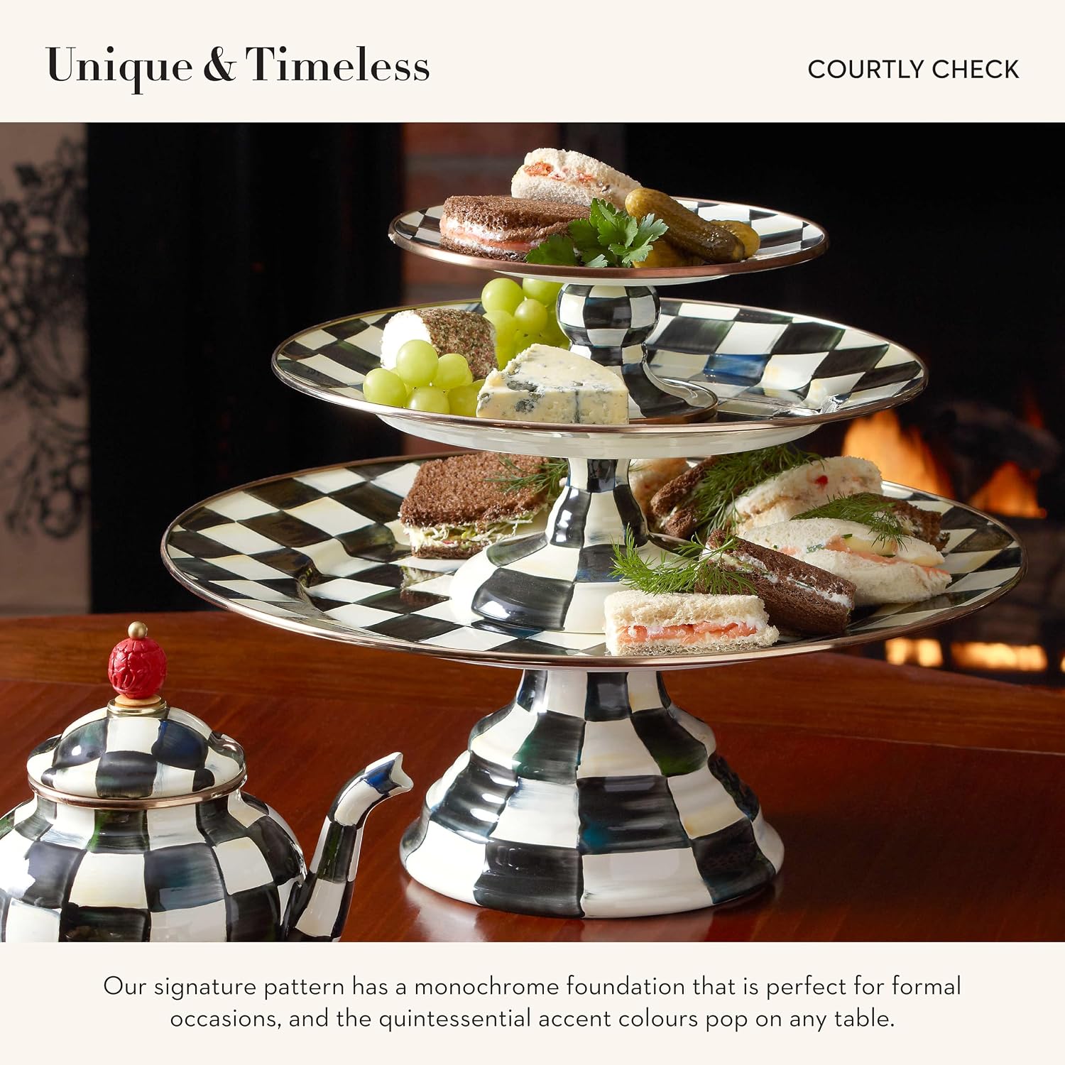 MACKENZIE-CHILDS Pedestal Platter, Mini, Black-and-White Courtly Check | Hand-painted design, made from enameled steel, stackable round cake stand for serving desserts, 8" dia. x 3" H