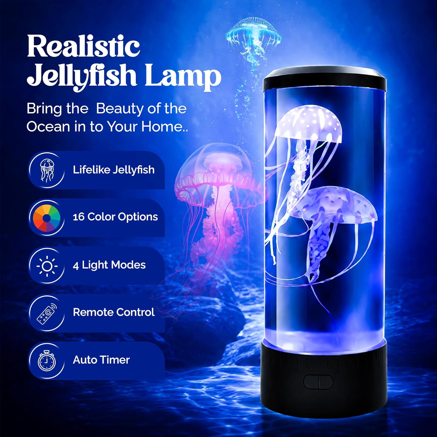 Brewish Jellyfish Lamp, 16 Color Options, 4 Mode Lifelike Jellyfish Aquarium, Electric Jellyfish LED Night Light, Fake Aquarium, Home Decor