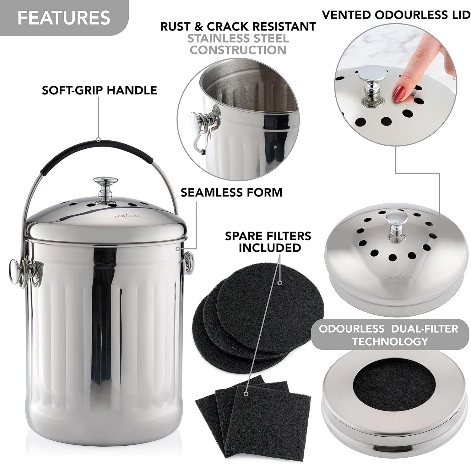 RED FACTOR Premium Compost Bin for Kitchen Countertop - Stainless Steel Food Waste Bucket with Innovative Dual Filter Technology - Includes Spare