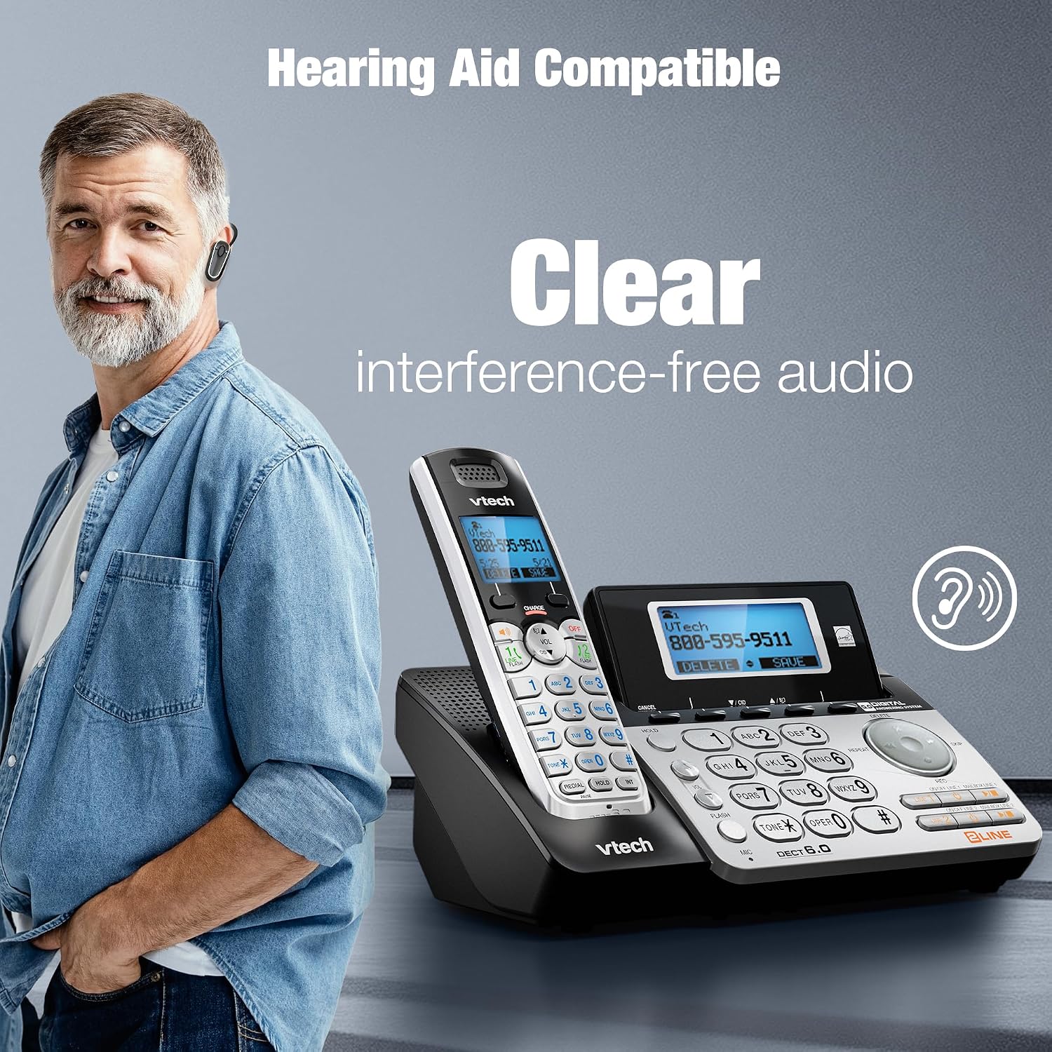 VTech DS6101 Accessory Handset for DS6151 Series, Black/Silver | 2-Line Cordless Phone, Answering System, Expandable up to 12 Handsets, Intercom & Conference