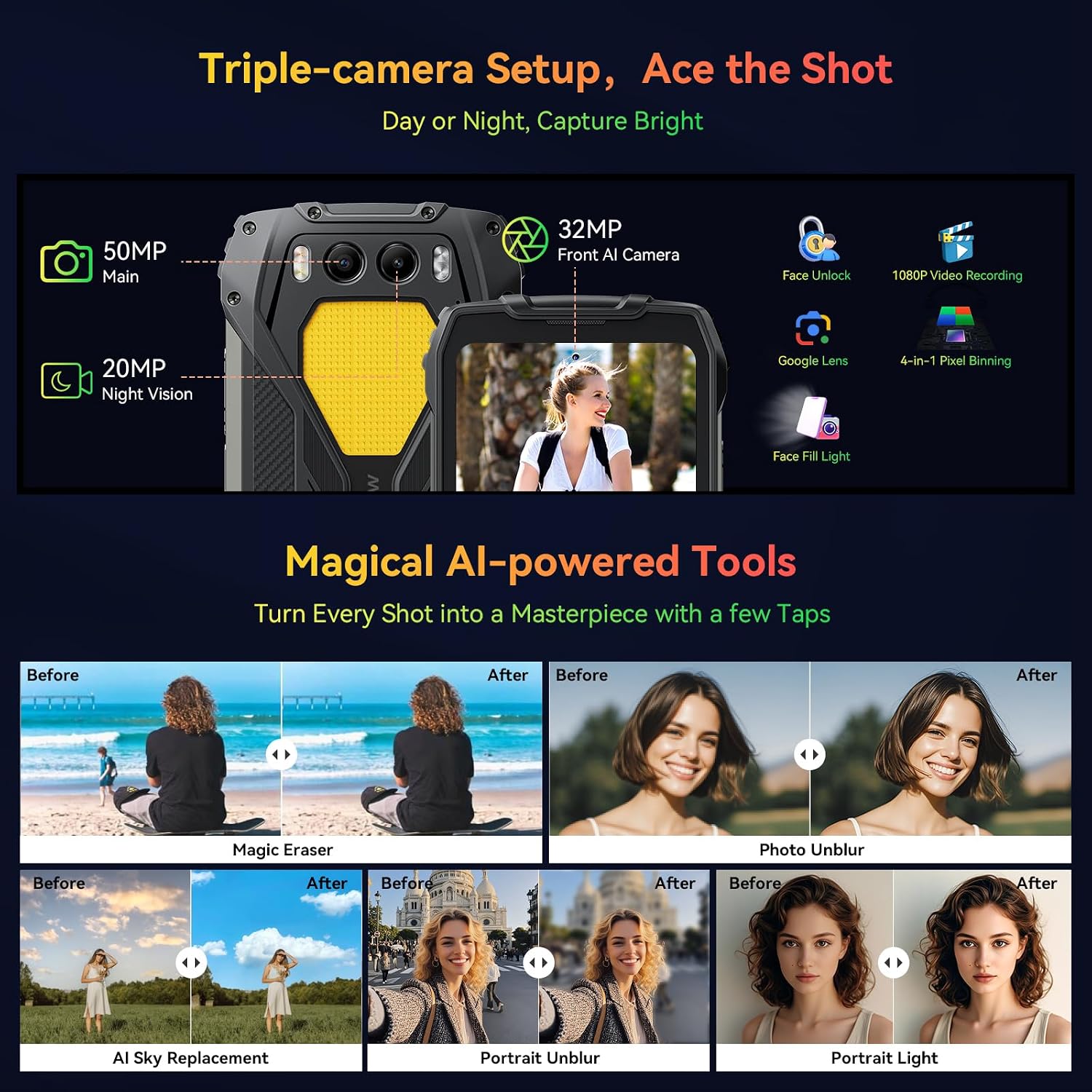 Blackview BV7300 Rugged Phone, 15000mAh/45W, Dual 800LM Camping Light, Night Vision Camera, 18GB+256GB/2TB Rugged Smartphone Unlocked Gemini AI