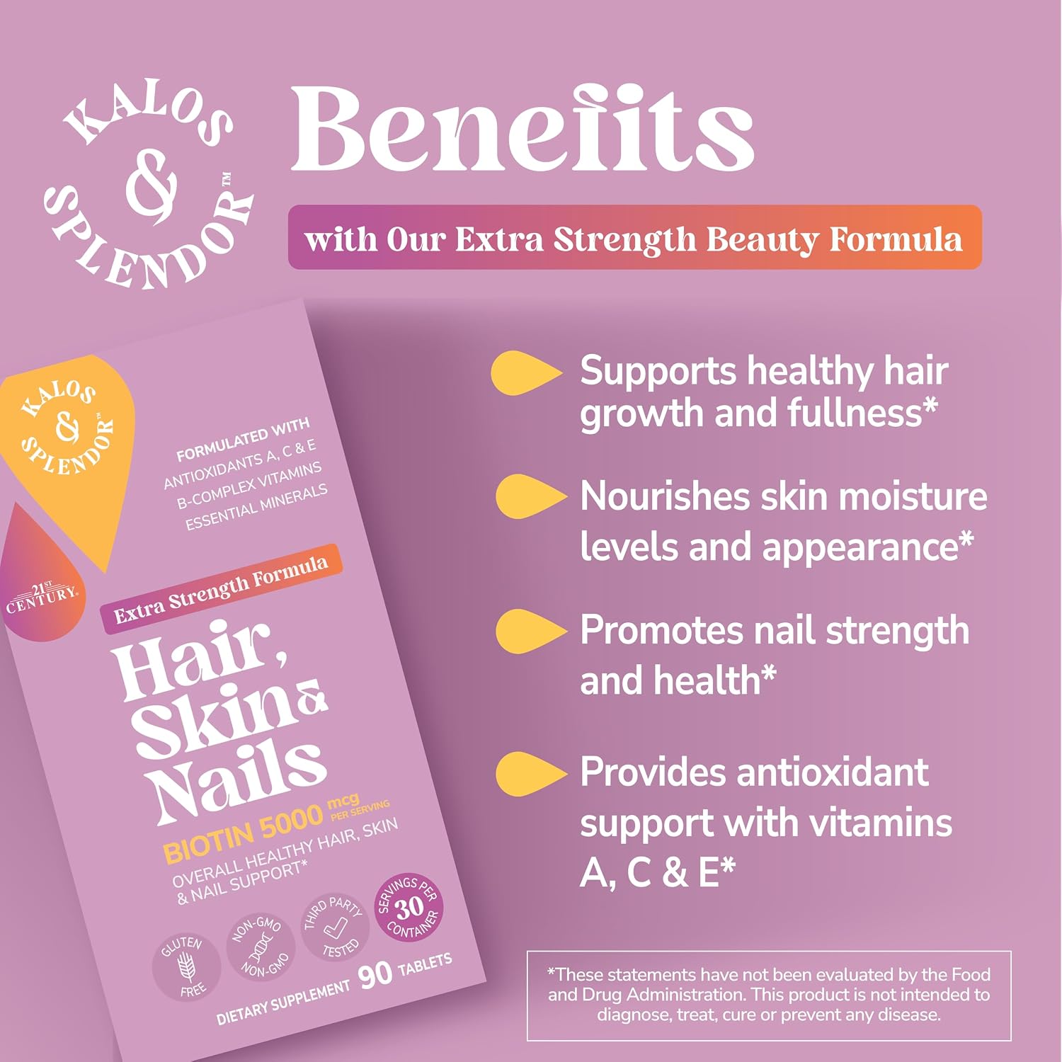 21st Century Hair, Skin and Nails Extra Strength Tablets, 90 Count (27847) | Extra-Strength Hair, Skin & Nails Formula with Biotin & Vitamins A, C & E