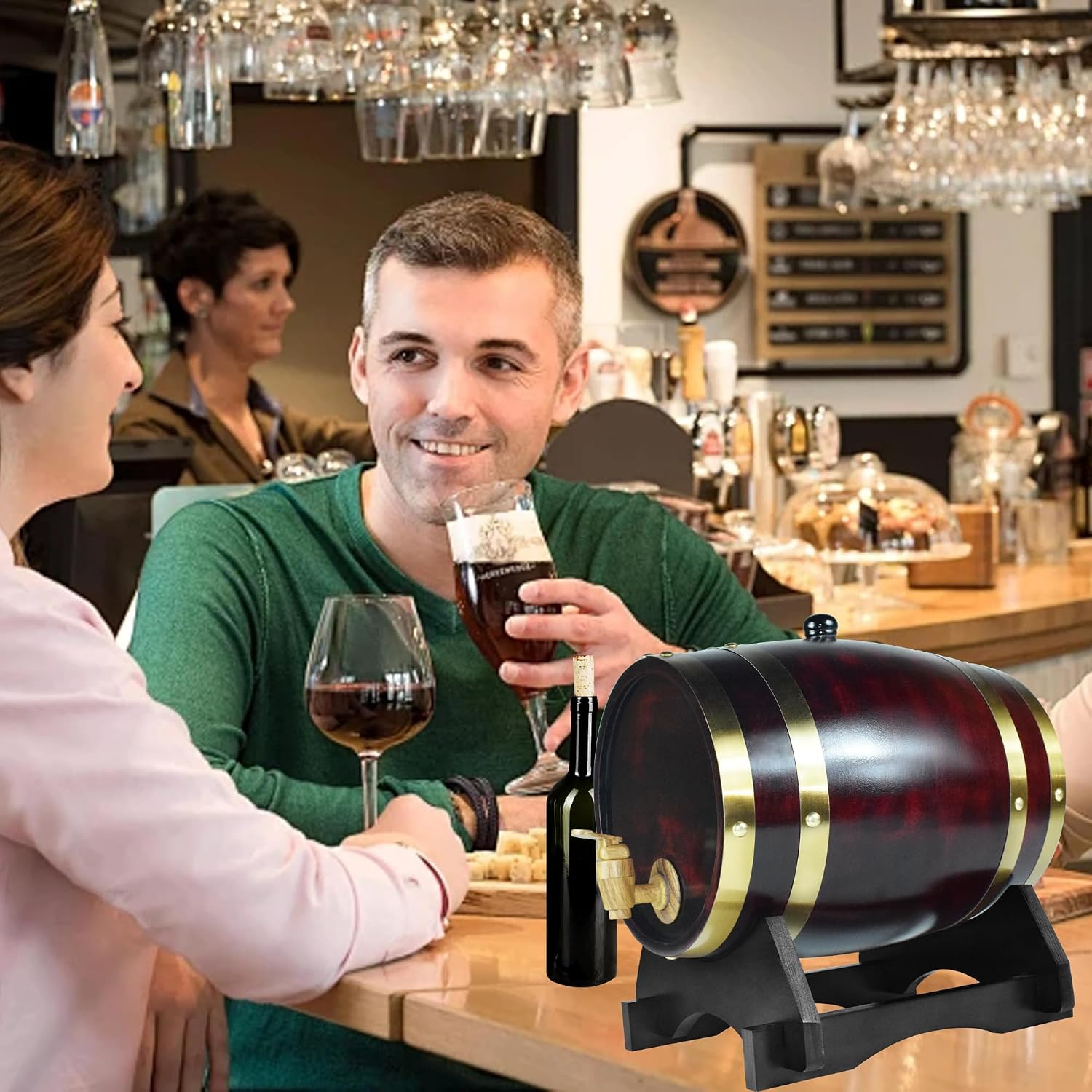 1.5L Whiskey Barrel Dispenser Oak Aging Barrels Home Whiskey Barrel Decanter for Wine, Spirits, Beer, and Liquor (Red Wine)
