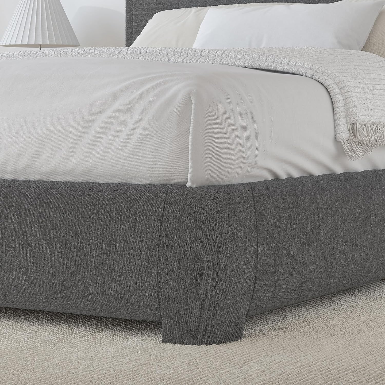 BarnFurin Full Bed Frame, Cloud Boucle Headboard, Rounded Corners, White | Soft boucle and rounded edges create a low-profile cloud look. Wooden slats support the mattress without a box spring