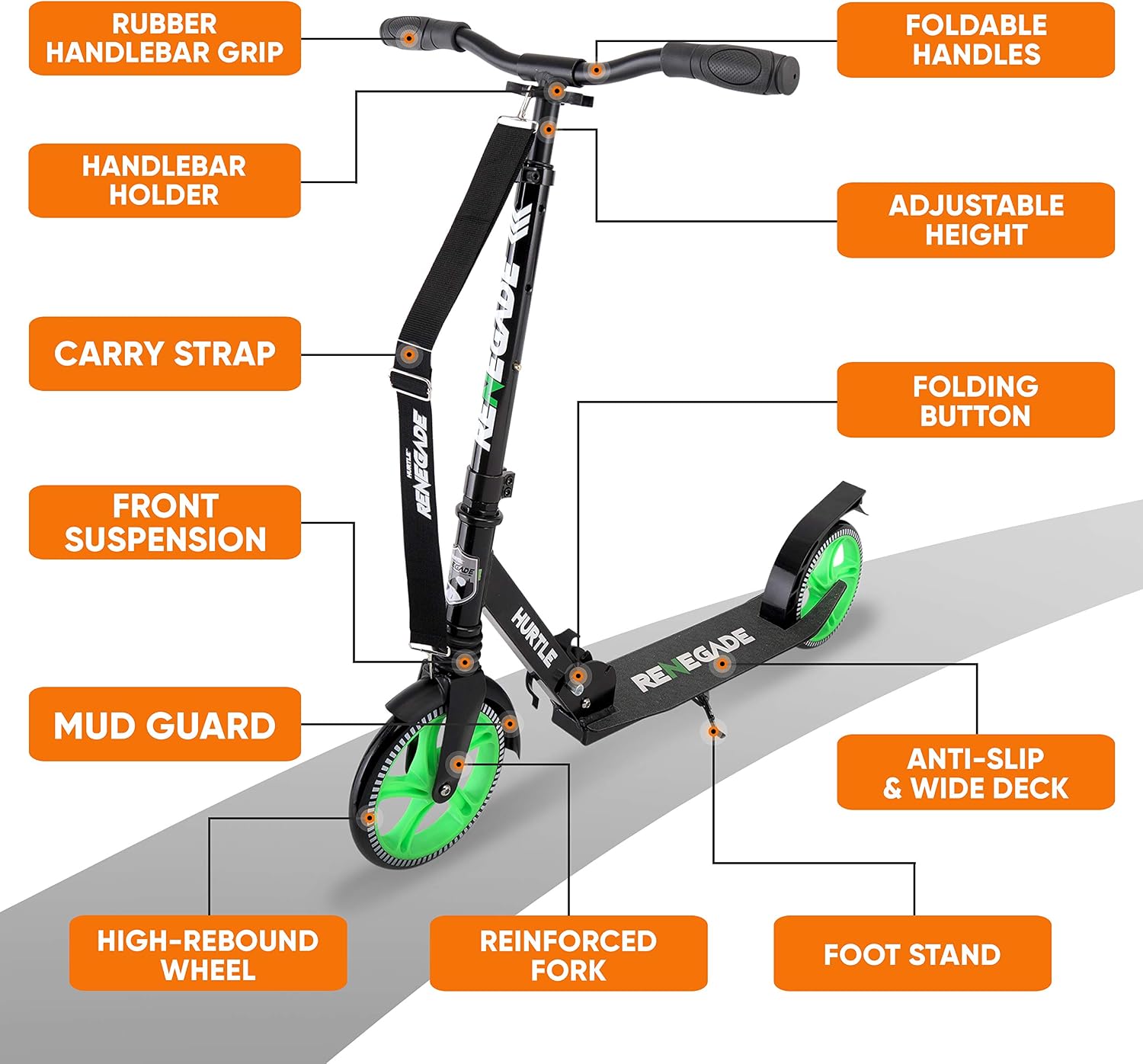 Hurtle Renegade Kick Scooter for Kids, Teenagers & Adults - 2-Wheel Folding Scooter with Adjustable T-Bar Handlebar - Alloy Anti-Slip Deck
