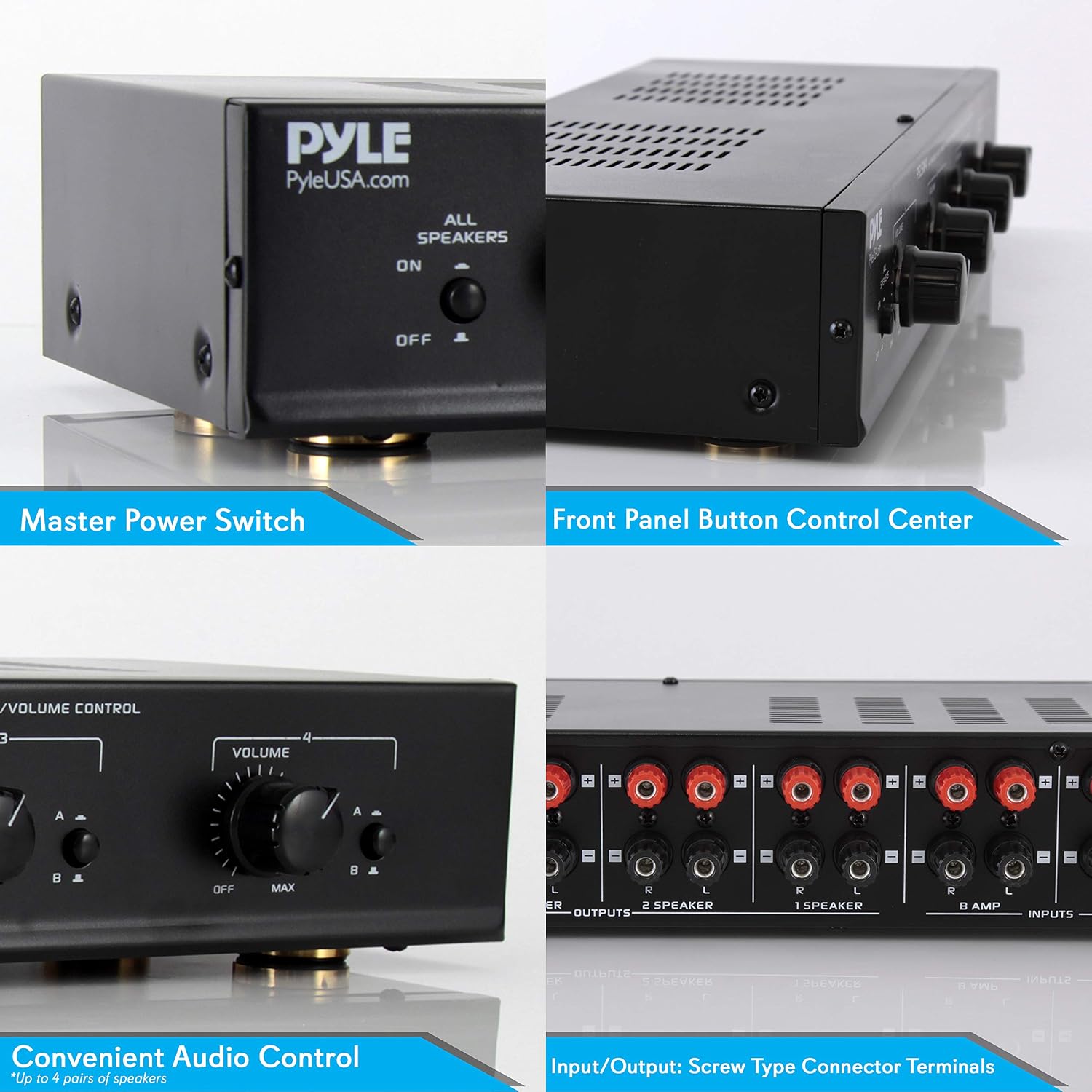 Pyle 4 Channel Speaker Selector Switch - Multi Zone A B Speaker Distribution Controller Box w/Independent Audio Source Volume Control