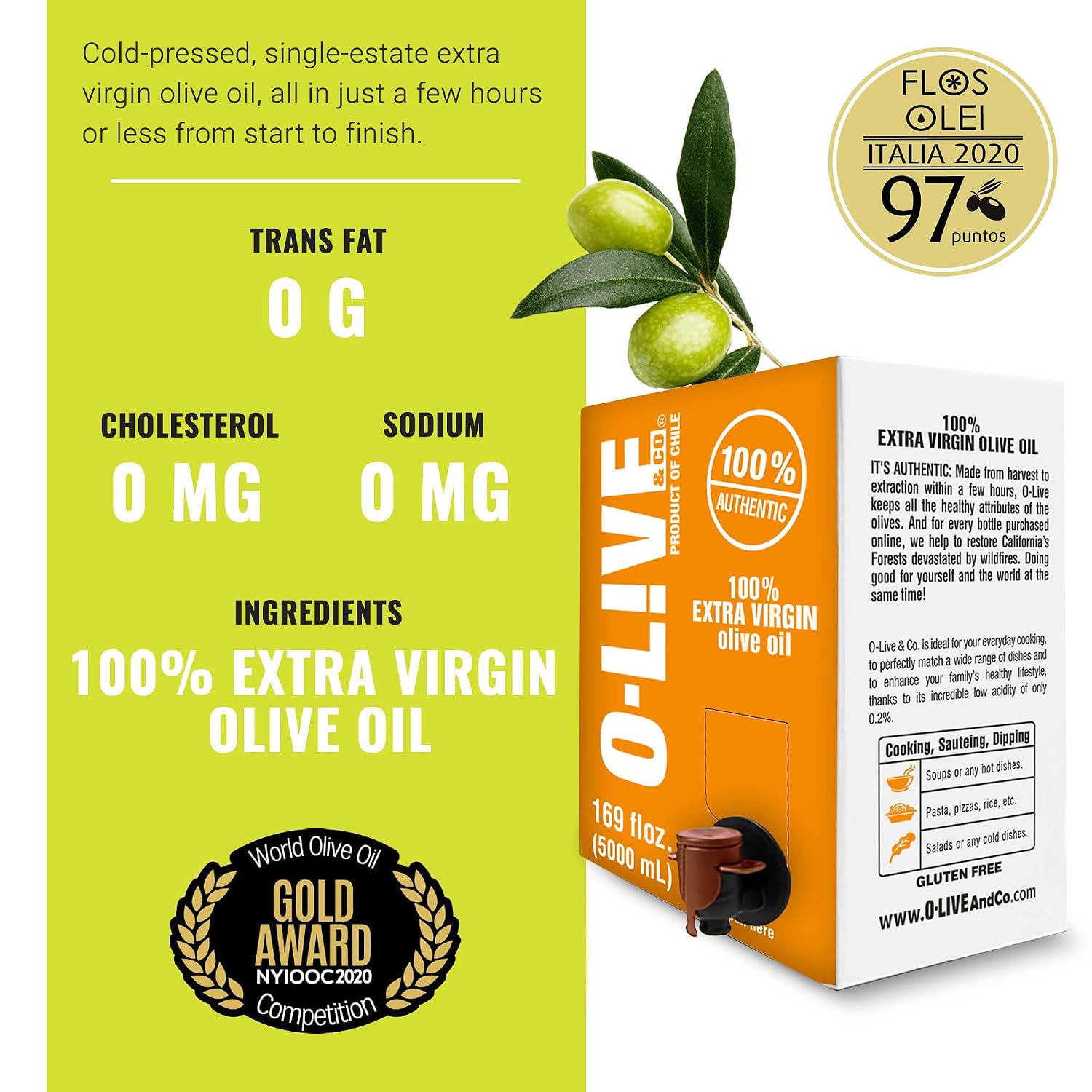 O-Live & Co. 25 Fl Oz 100% Extra Virgin Olive Oil - No Additive - Single Origin Versatile EVOO - First Cold Pressed - Polyphenol Rich - Glass Bottle - New Harvest - Award Winner