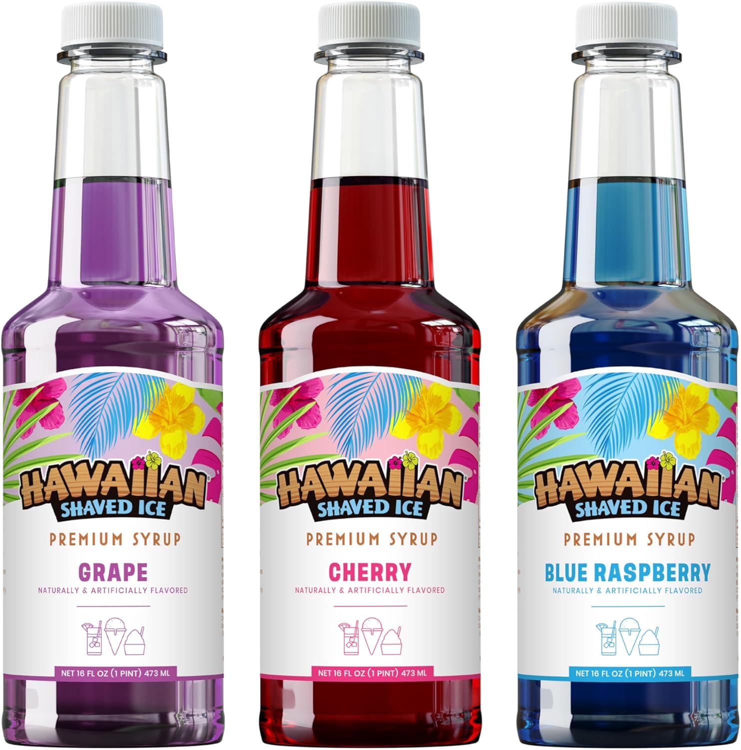 Hawaiian Shaved Ice Syrup Assortment, 3 - 16oz Bottles Of The Most Popular Flavors: Cherry, Grape, Blue Raspberry. Perfect For Shaved ice, Snow Cones