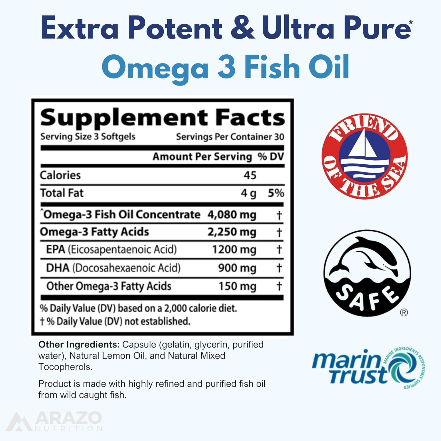 Arazo Nutrition Wild Caught Omega-3 Fish Oil Concentrate – 4,080mg per Serving – High EPA 1200mg & DHA 900mg – 120 Burpless Lemon Softgels