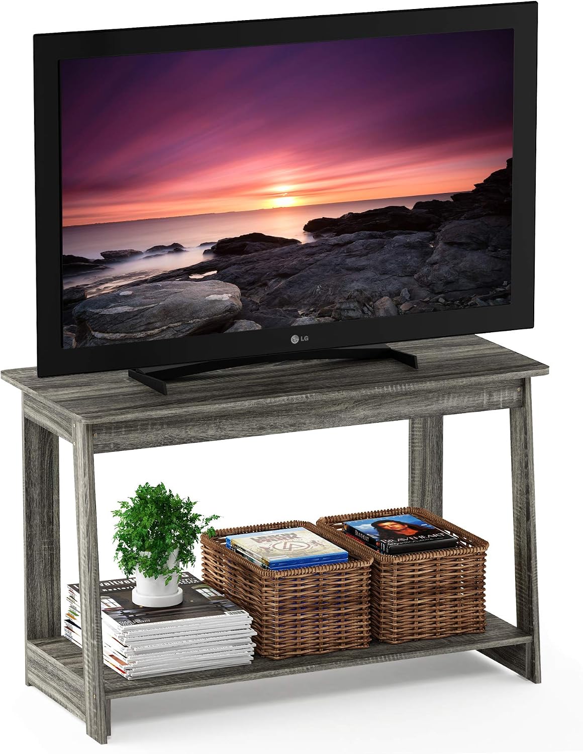Furinno Beginning TV Stand, 2-Tier Rectangular Entertainment Center with Shelf, TV Console for TV up to 36 Inch, Open Back, for Living Room, Bedroom, French Oak