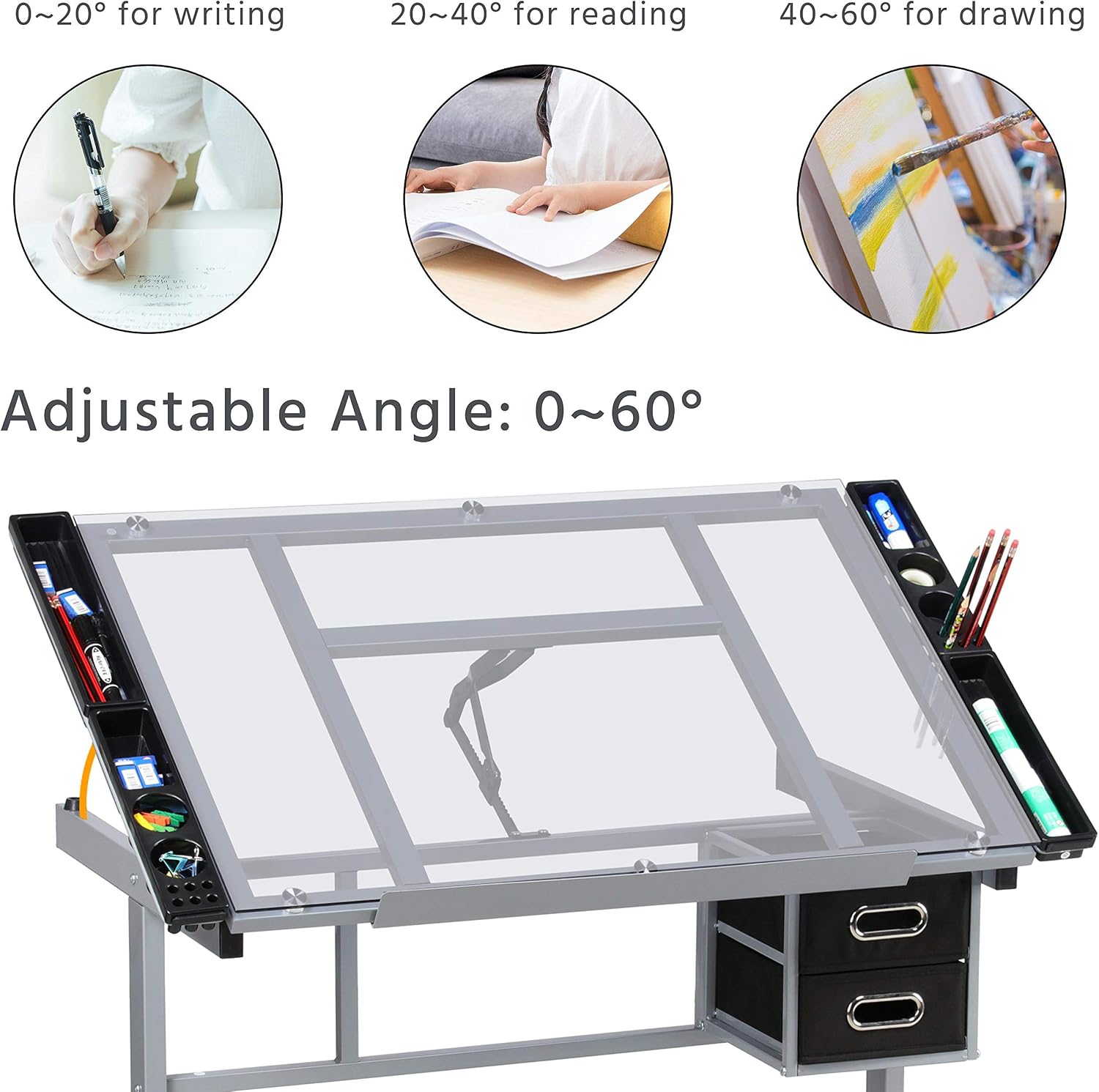 Yaheetech Glass Drafting Table with Storage, Adjustable Art Drawing Desk | Tempered glass top on a steel frame tilts 0-60° for drawing, tracing