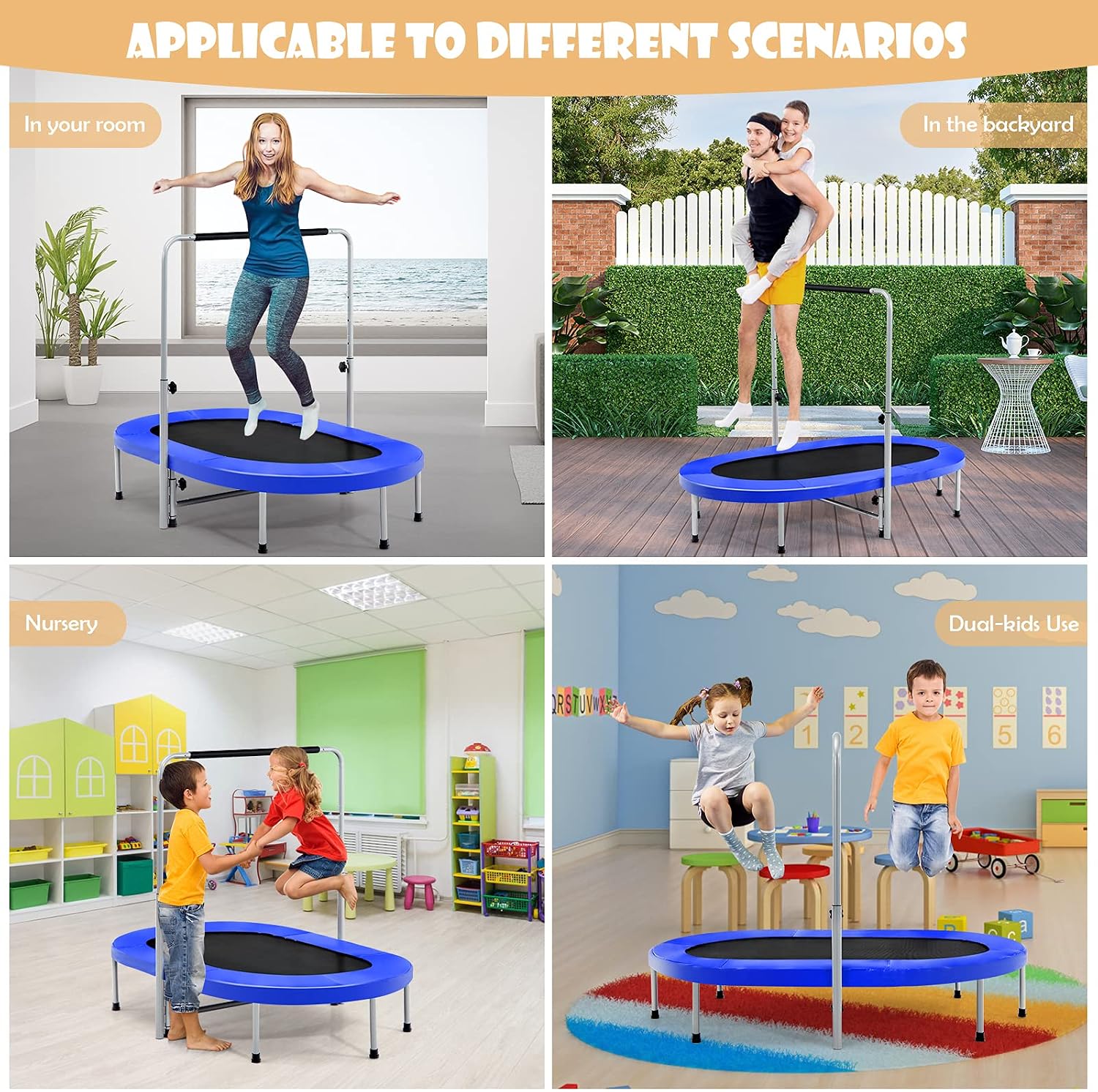 Giantex Mini Trampoline, 2 Persons Foldable Fitness Trampoline w/ 5 Levels Height Adjustable Handle, Max Load 330LBS