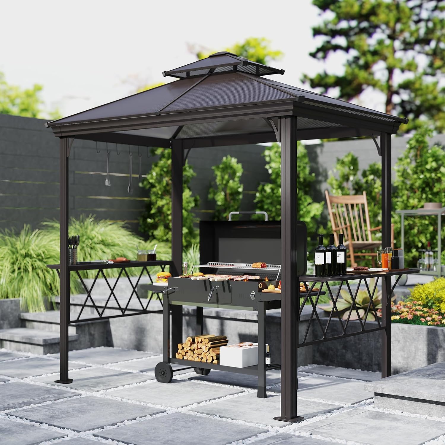 Outsunny 9 x 5 ft. Grill Gazebo Hardtop 2-Tier Polycarbonate Roof Shelves